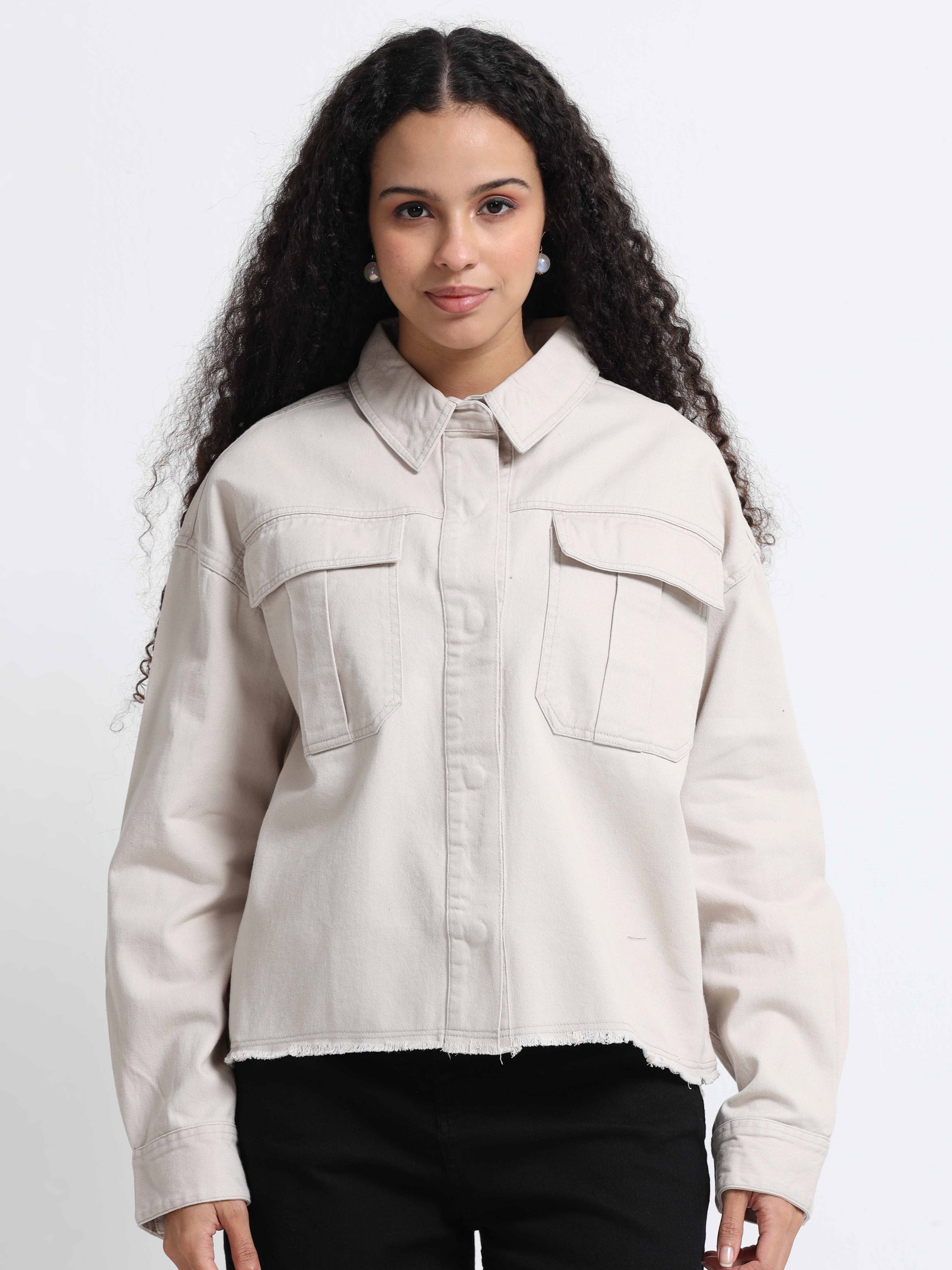 Women Beige Cotton Oversized Shacket 