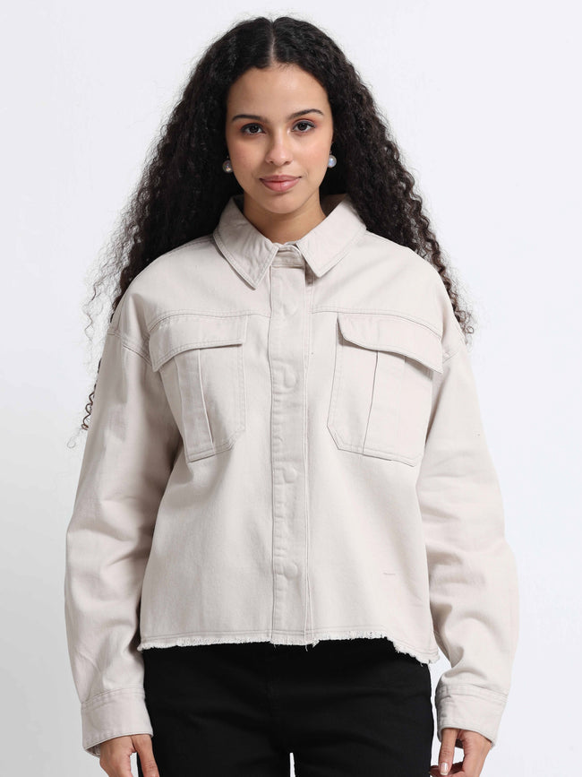 Women Beige Cotton Oversized Shacket 