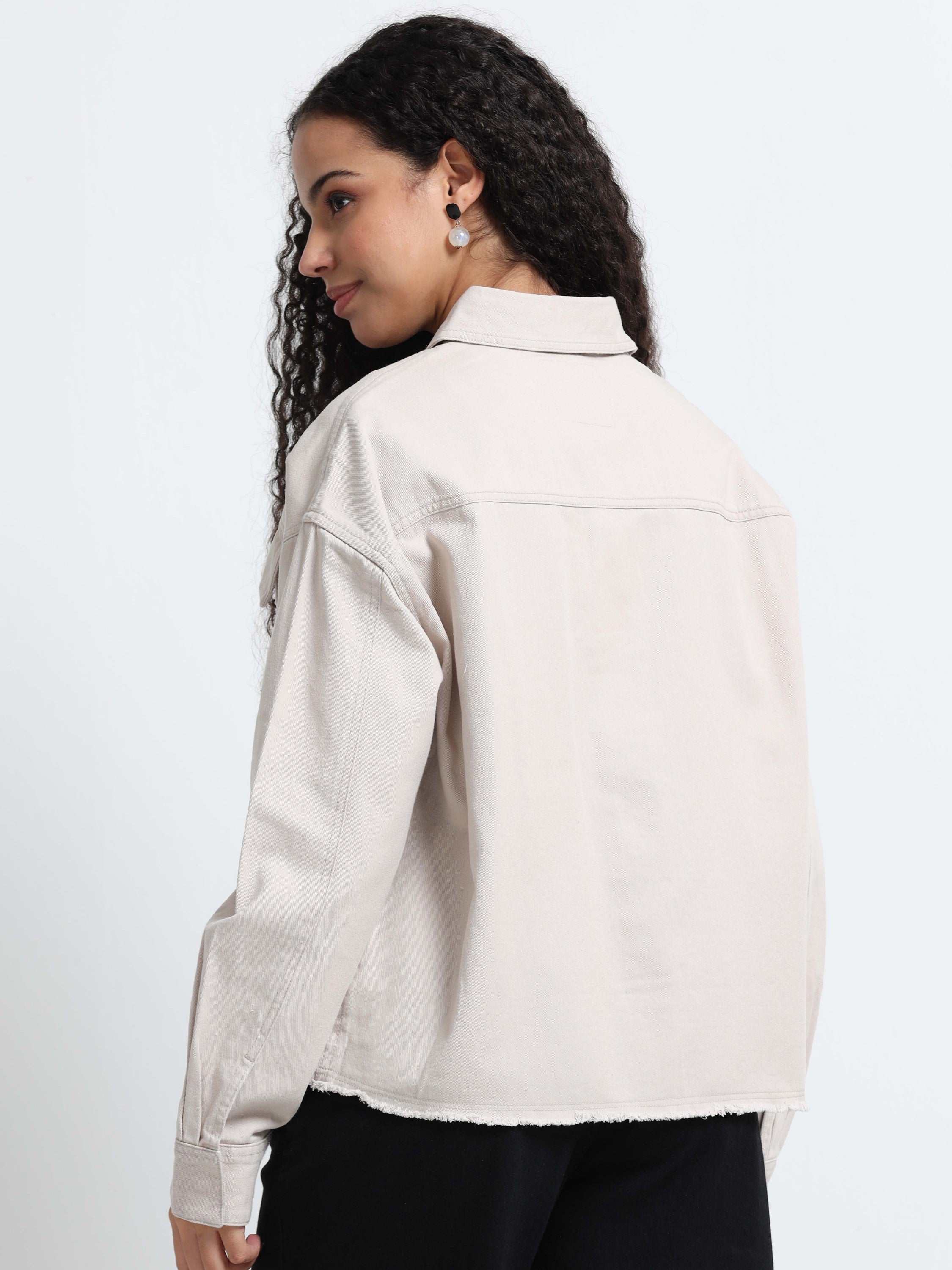 Women Beige Cotton Oversized Shacket 