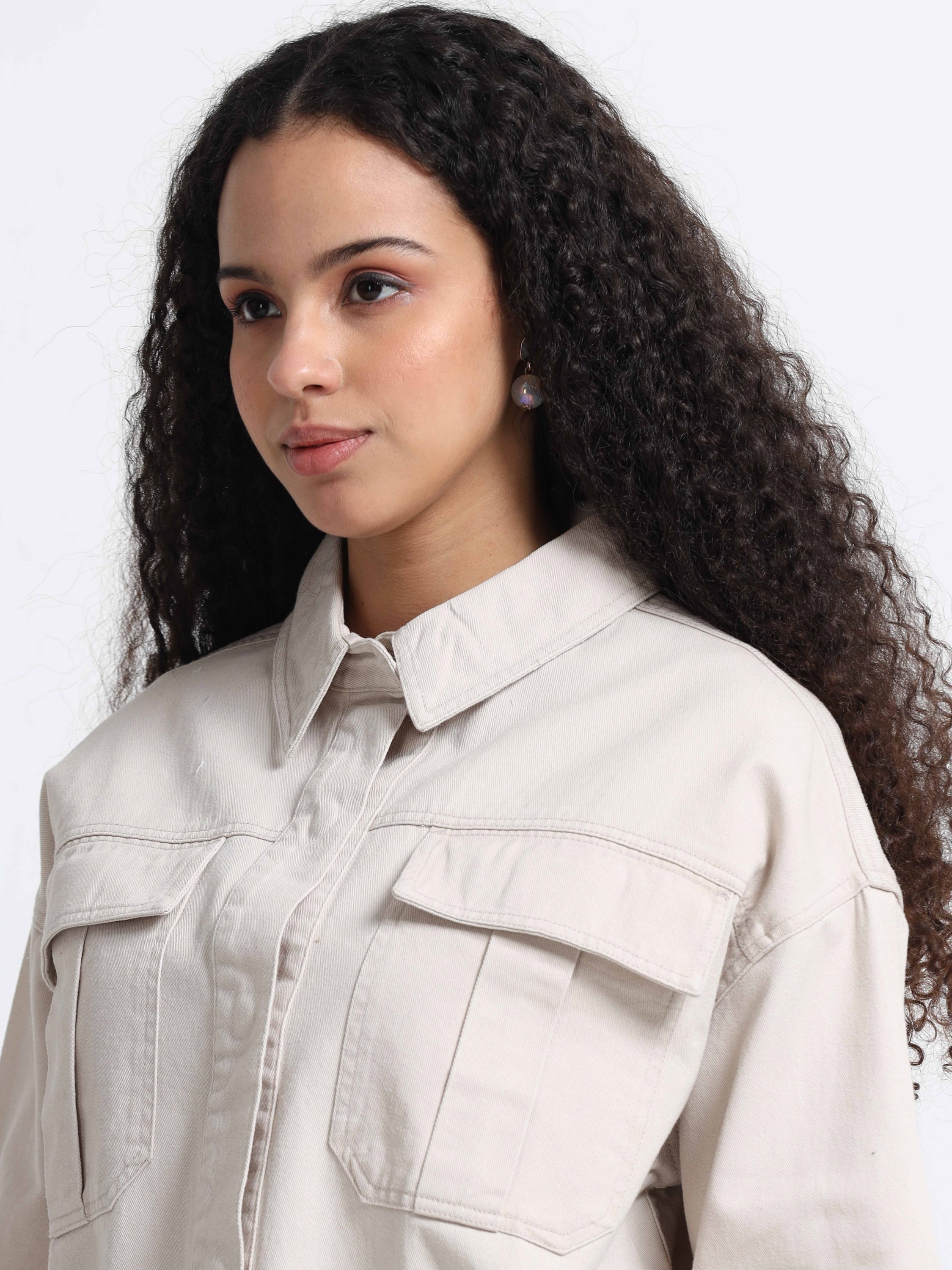 Women Beige Cotton Oversized Shacket 
