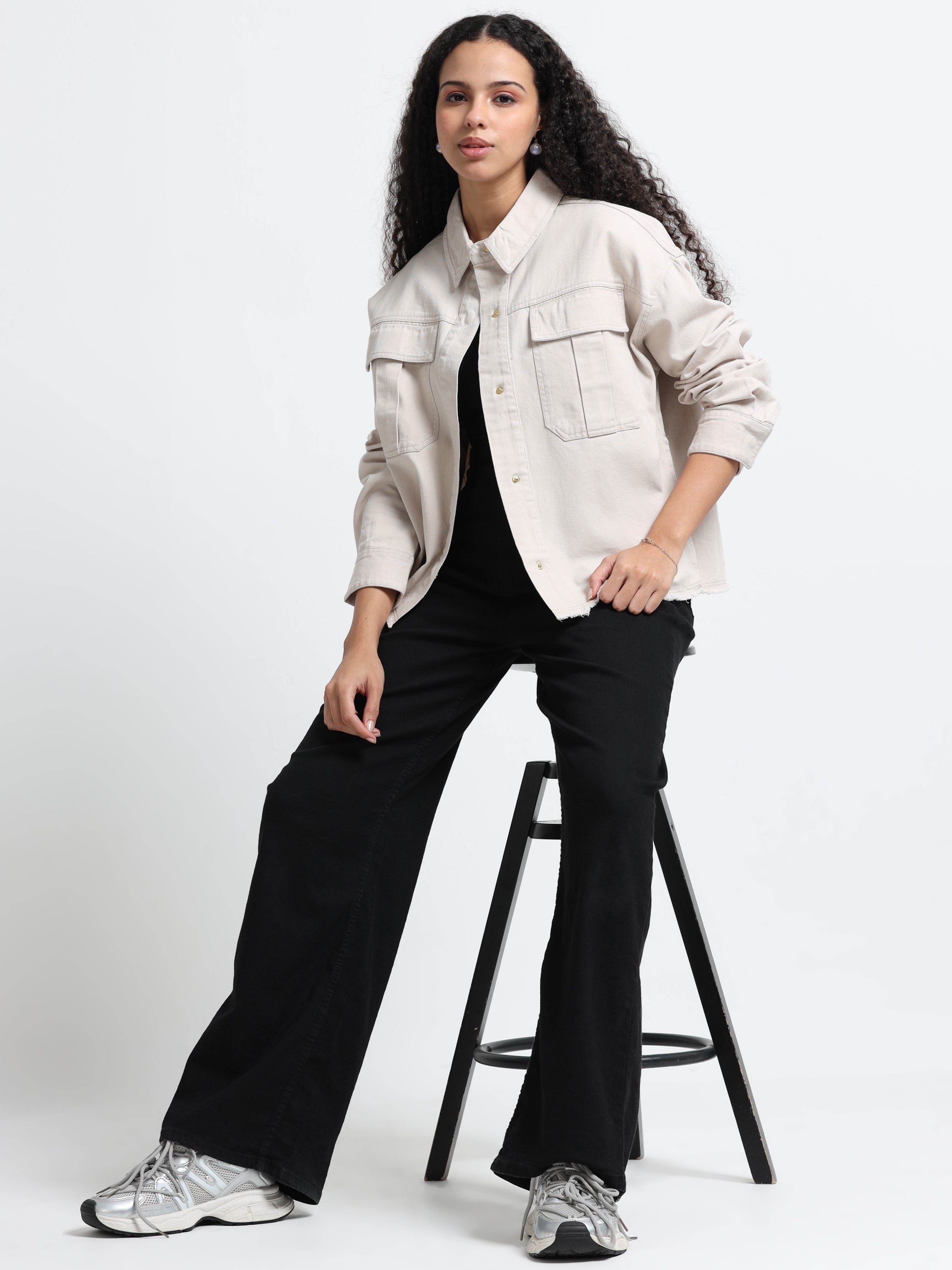 Women Beige Cotton Oversized Shacket 