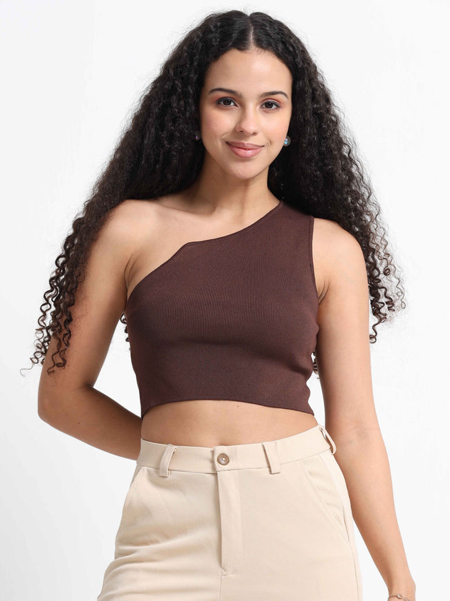 Women Brown One Shoulder Crop Top