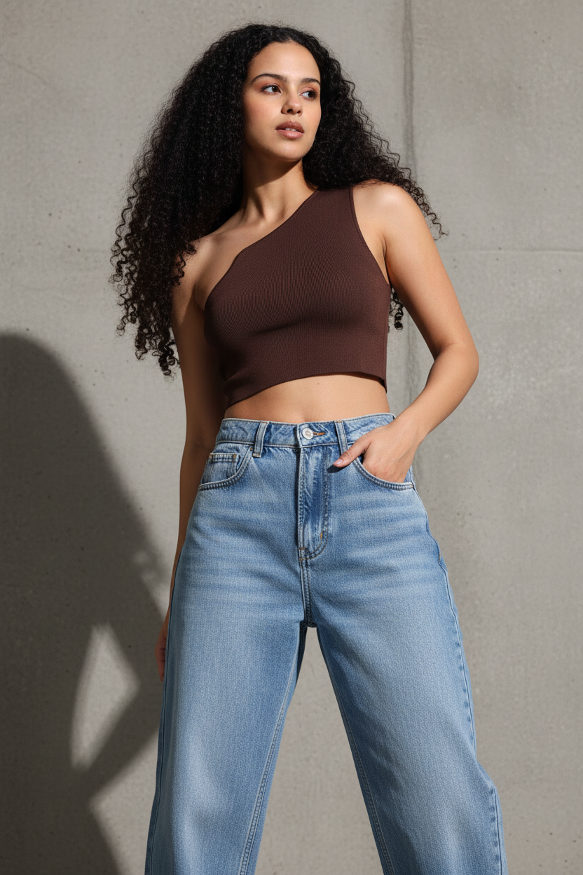 Women Brown One Shoulder Crop Top