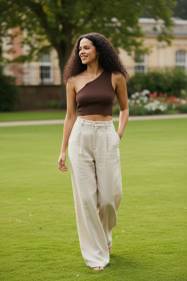 Women Brown One Shoulder Crop Top