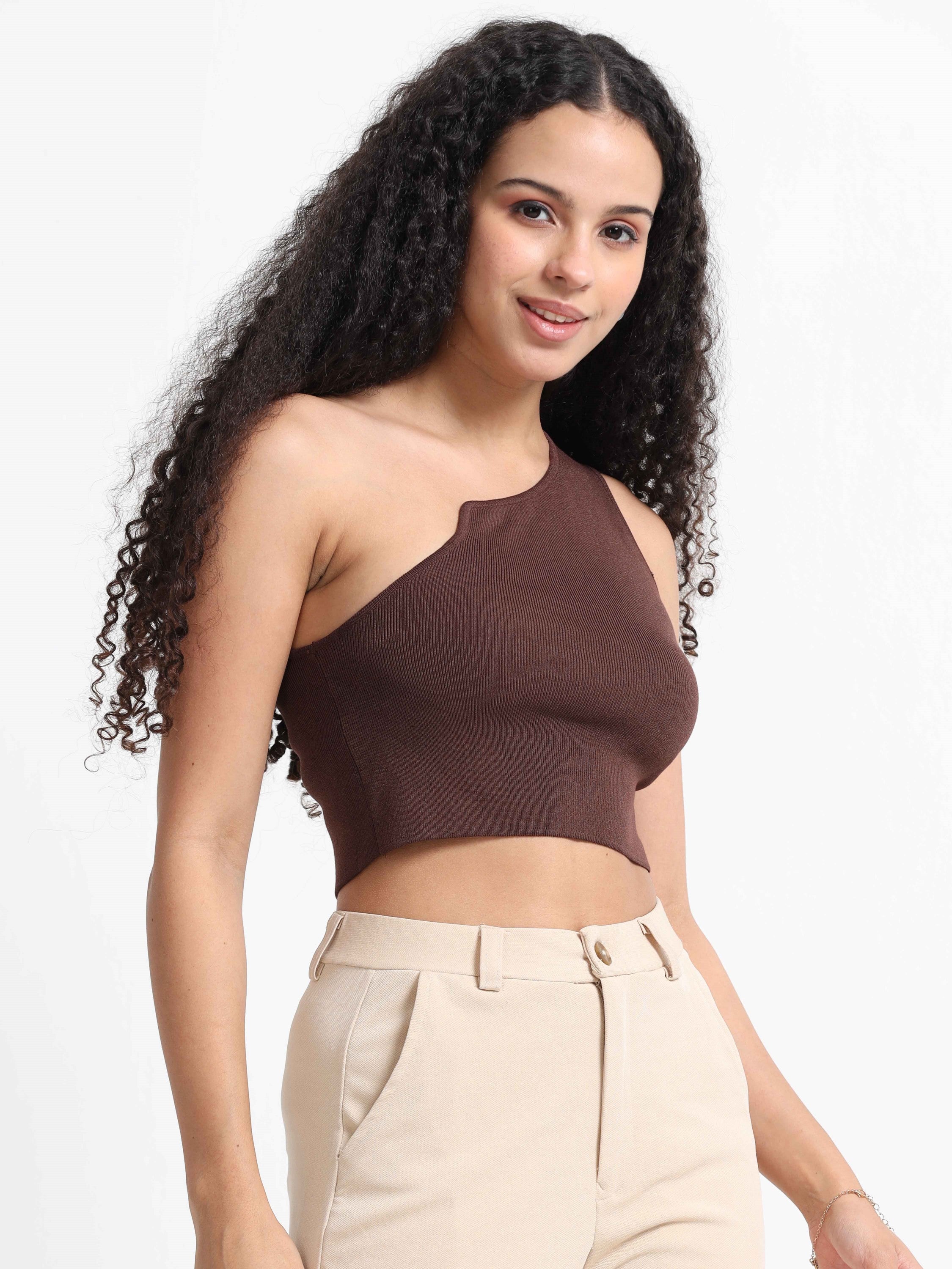 Women Brown One Shoulder Crop Top