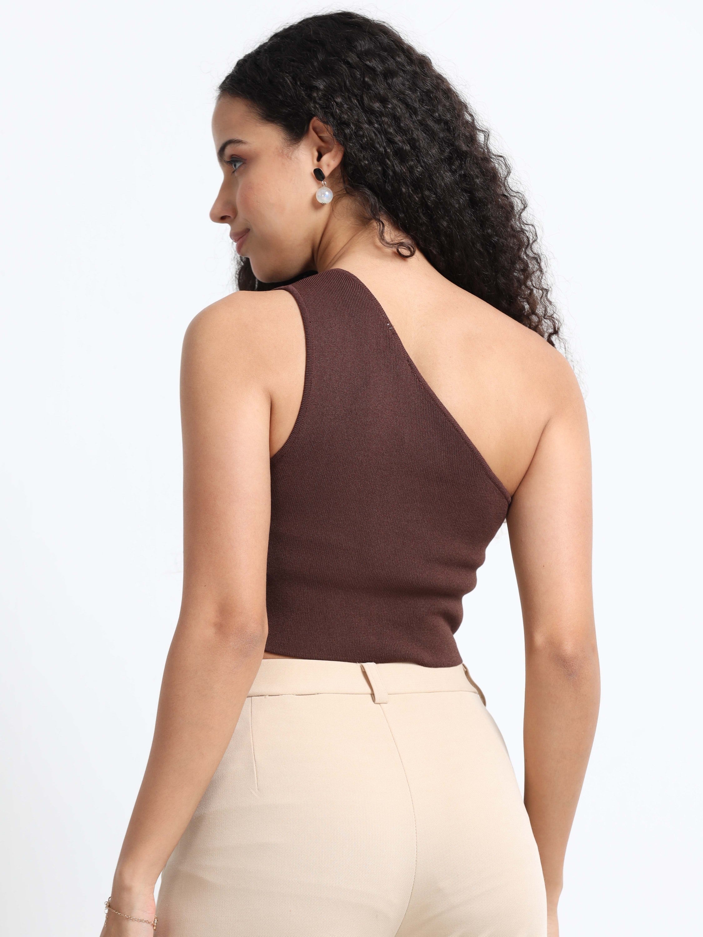 Women Brown One Shoulder Crop Top