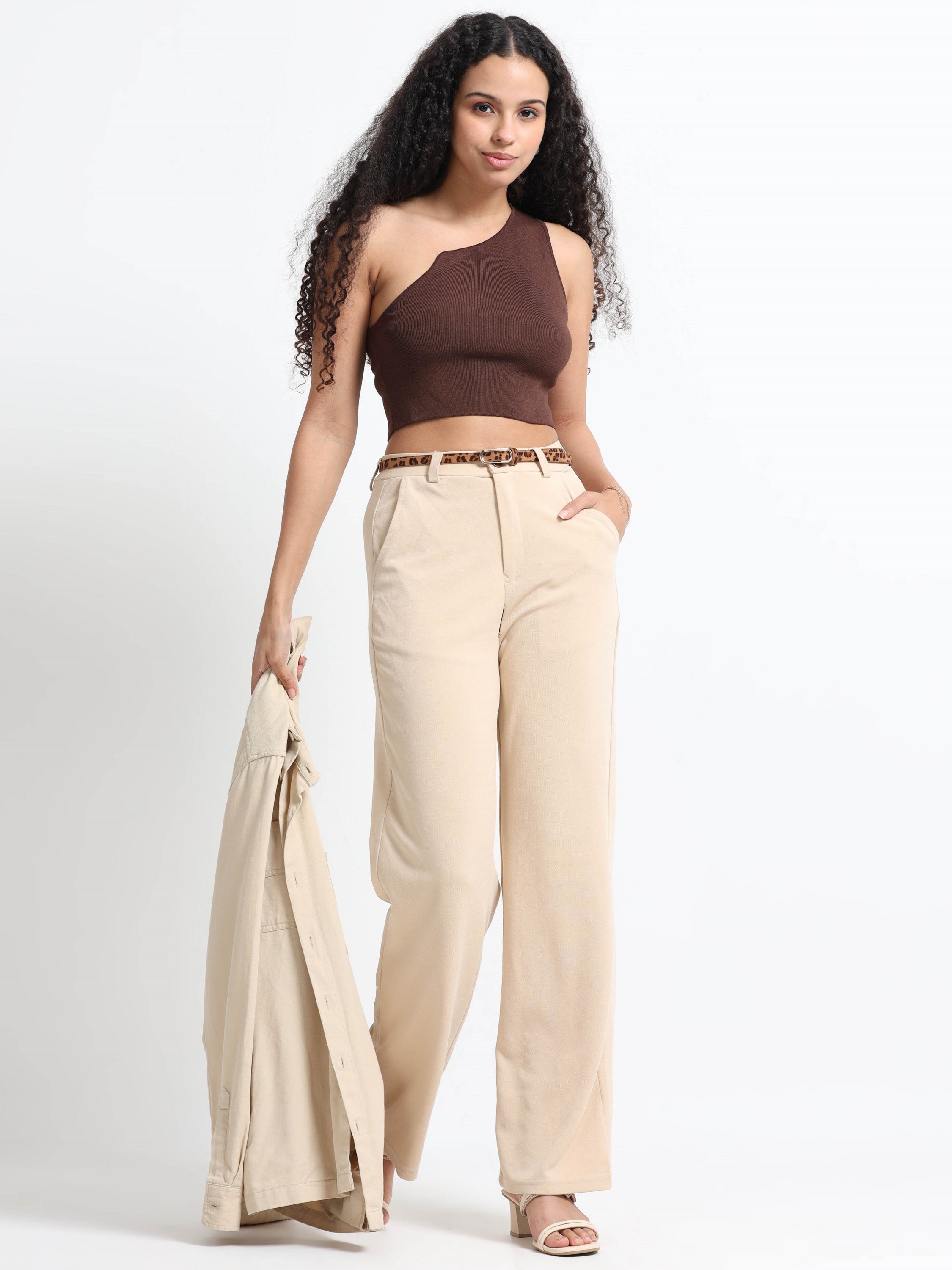 Women Brown One Shoulder Crop Top