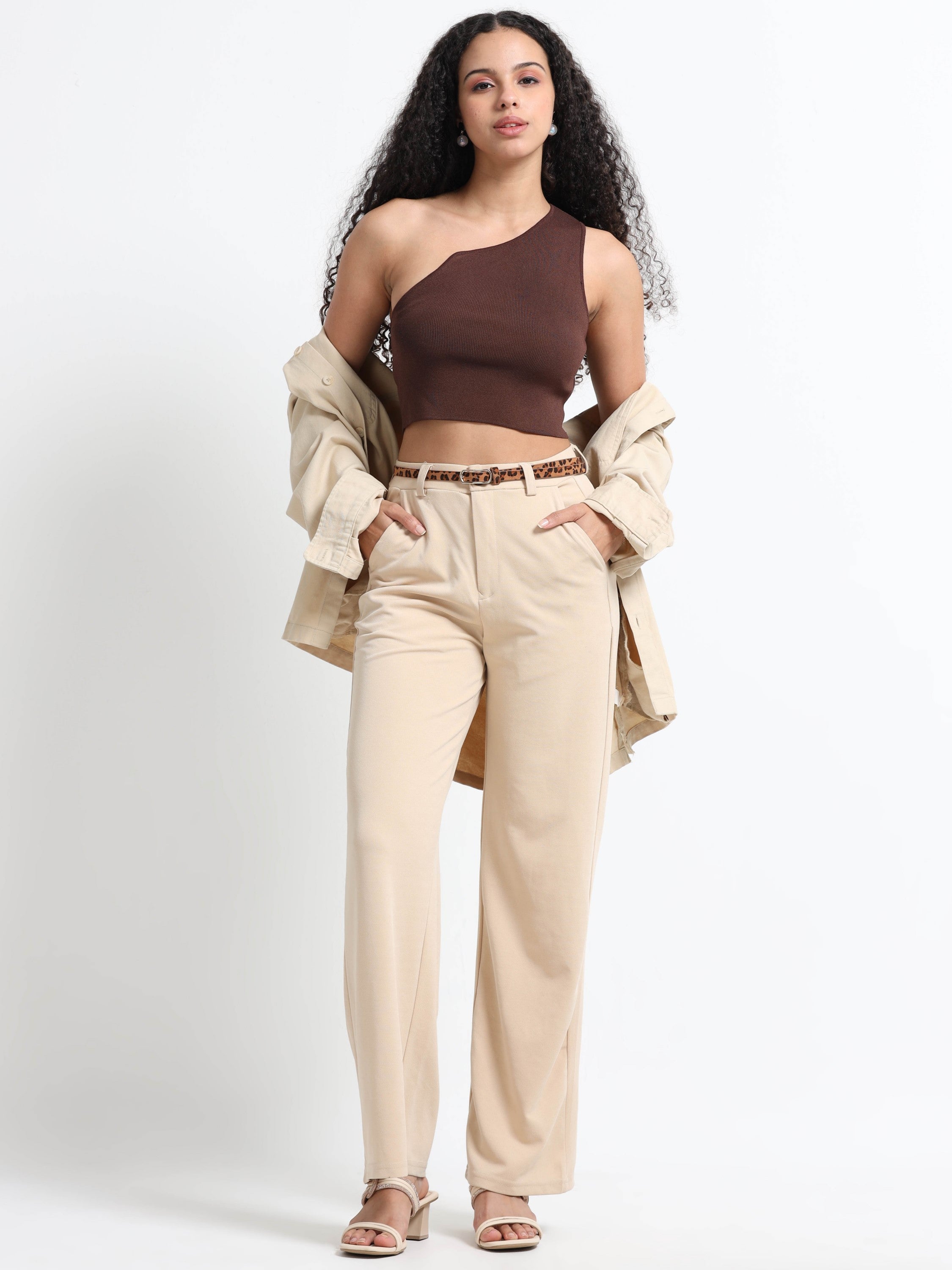 Women Brown One Shoulder Crop Top