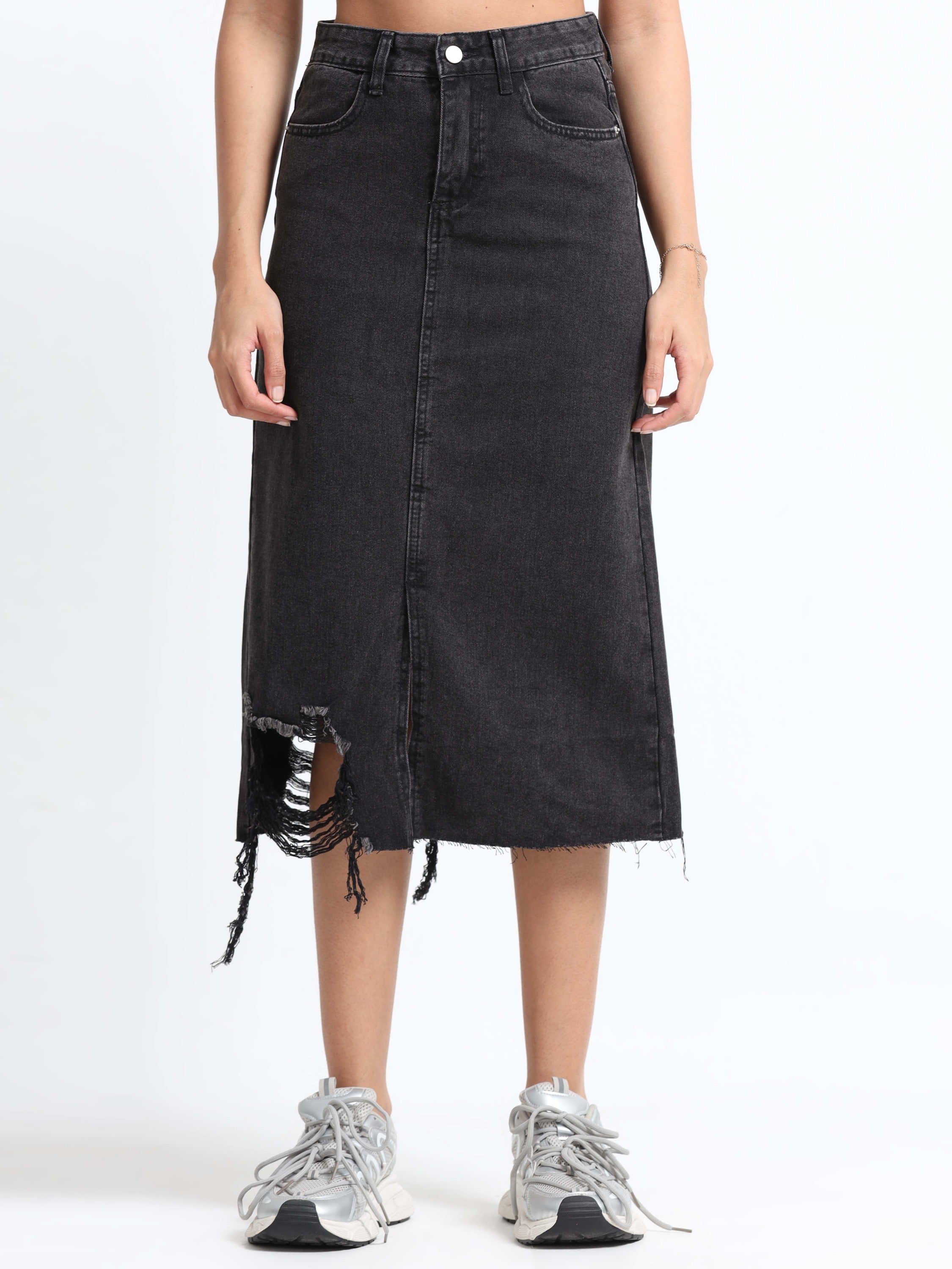 Women Black Denim Ribbed Edge Skirt