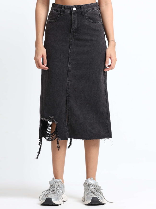 Women Black Denim Ribbed Edge Skirt