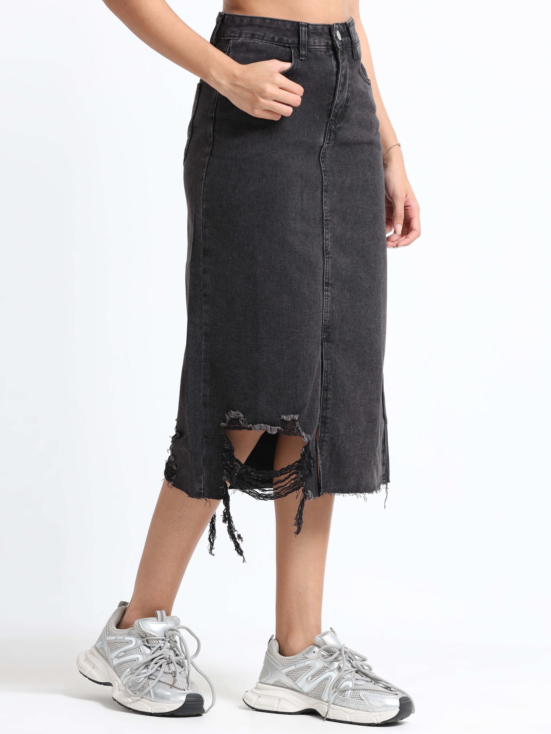 Women Black Denim Ribbed Edge Skirt