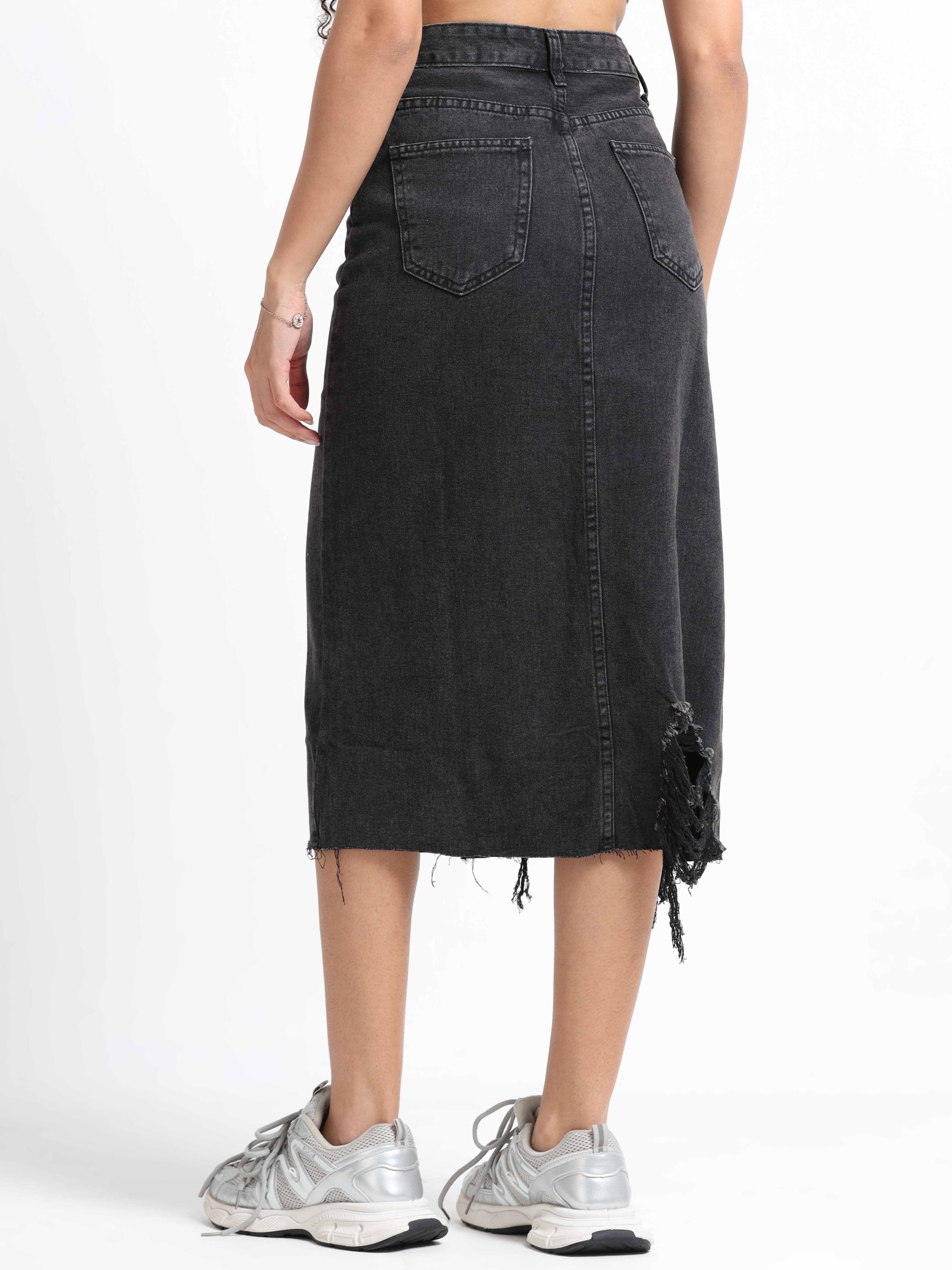 Women Black Denim Ribbed Edge Skirt