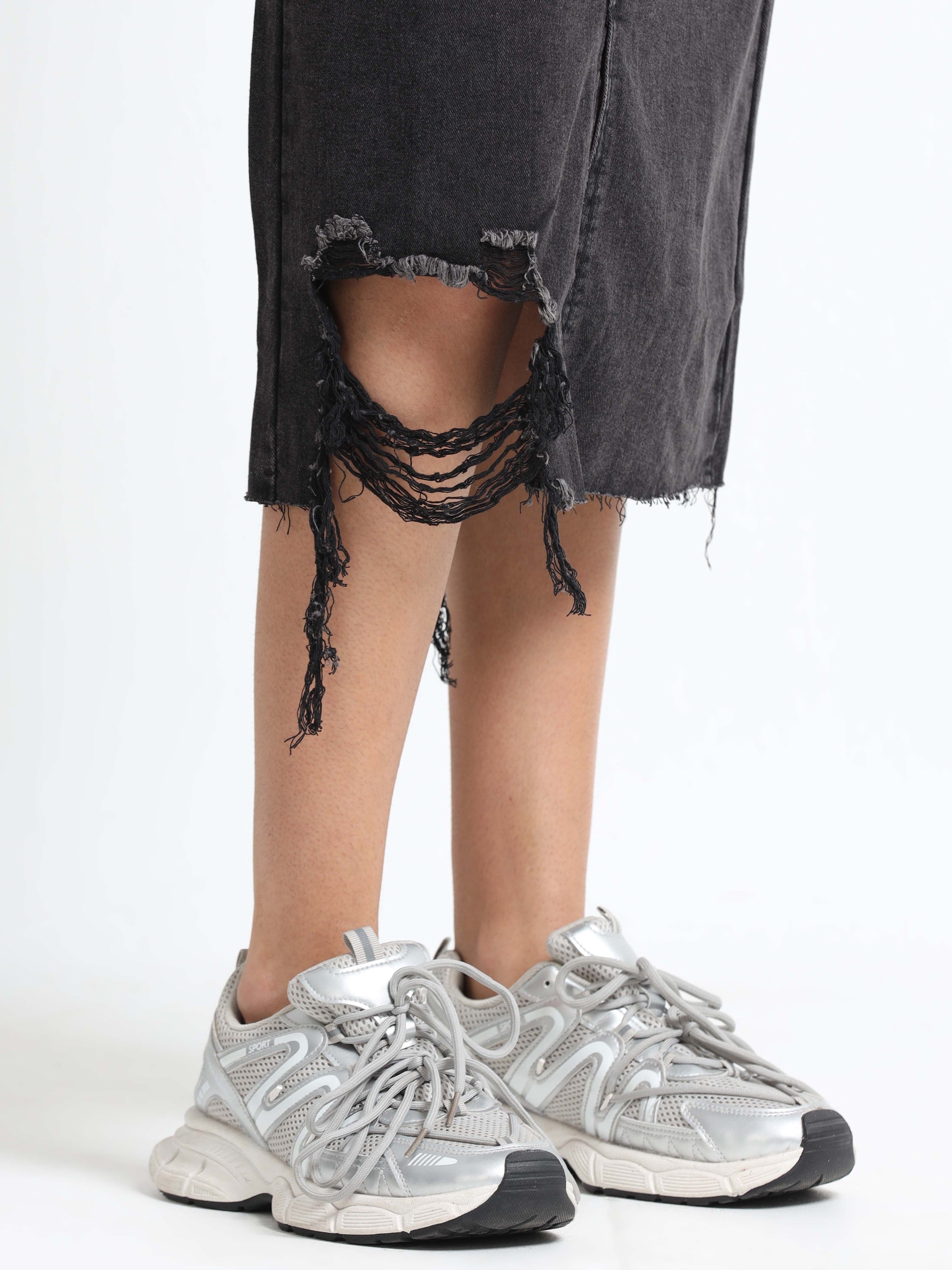 Women Black Denim Ribbed Edge Skirt