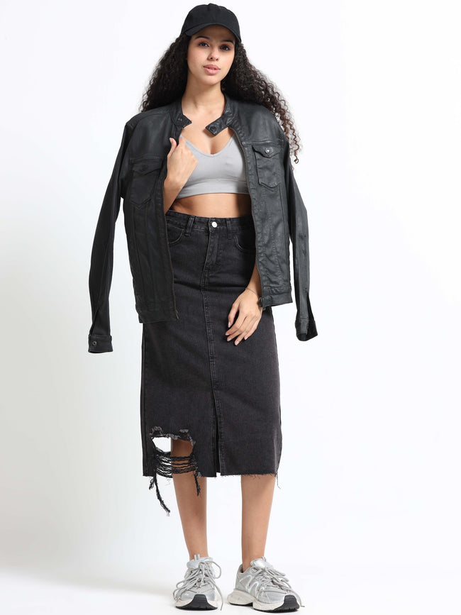 Women Black Denim Ribbed Edge Skirt