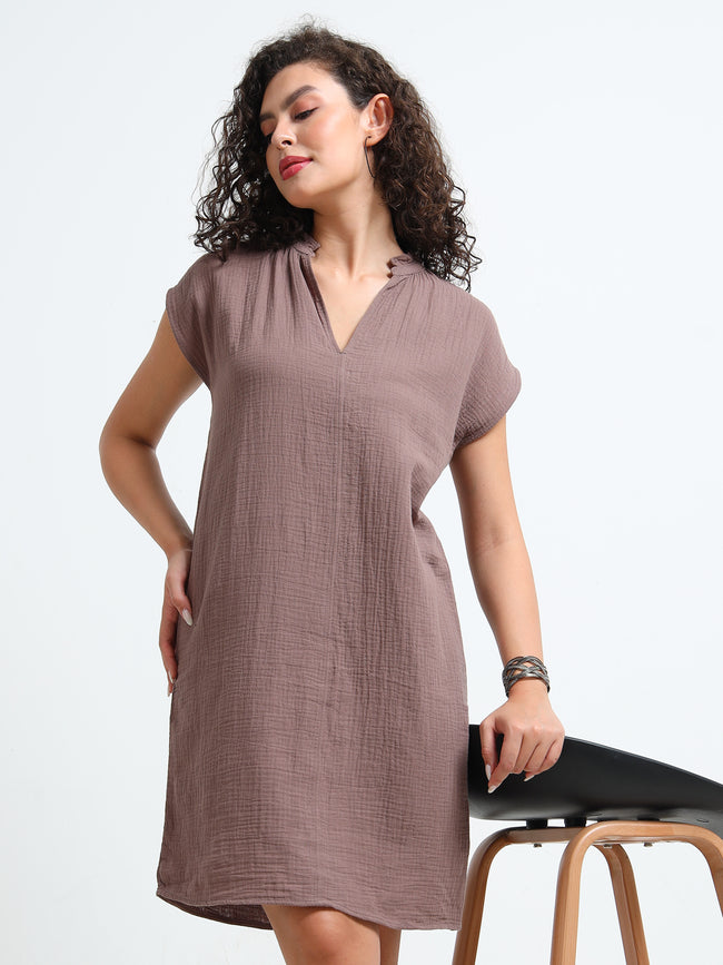 Women Brown Double Gauze Relaxed Dress
