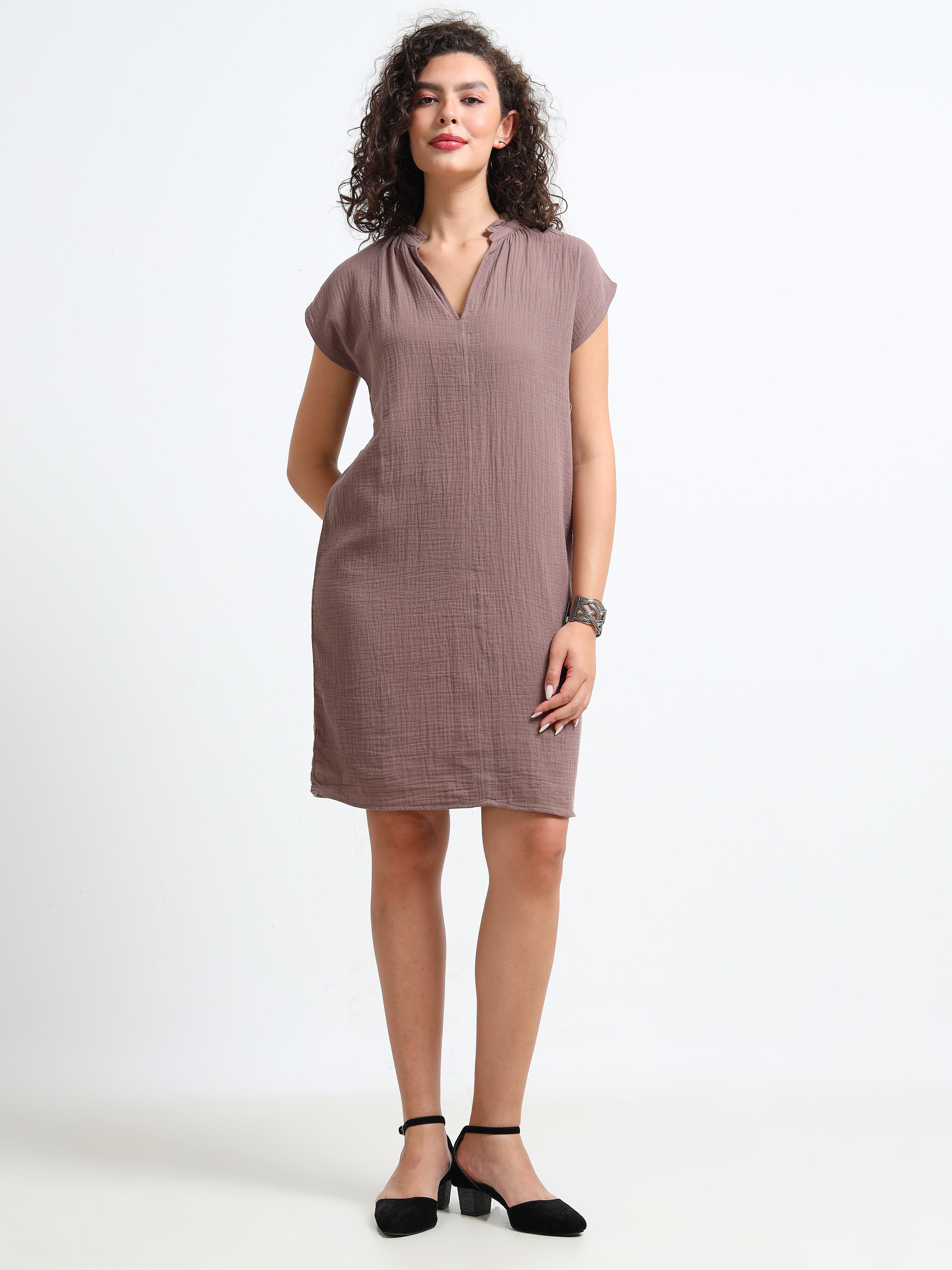 Women Brown Double Gauze Relaxed Dress