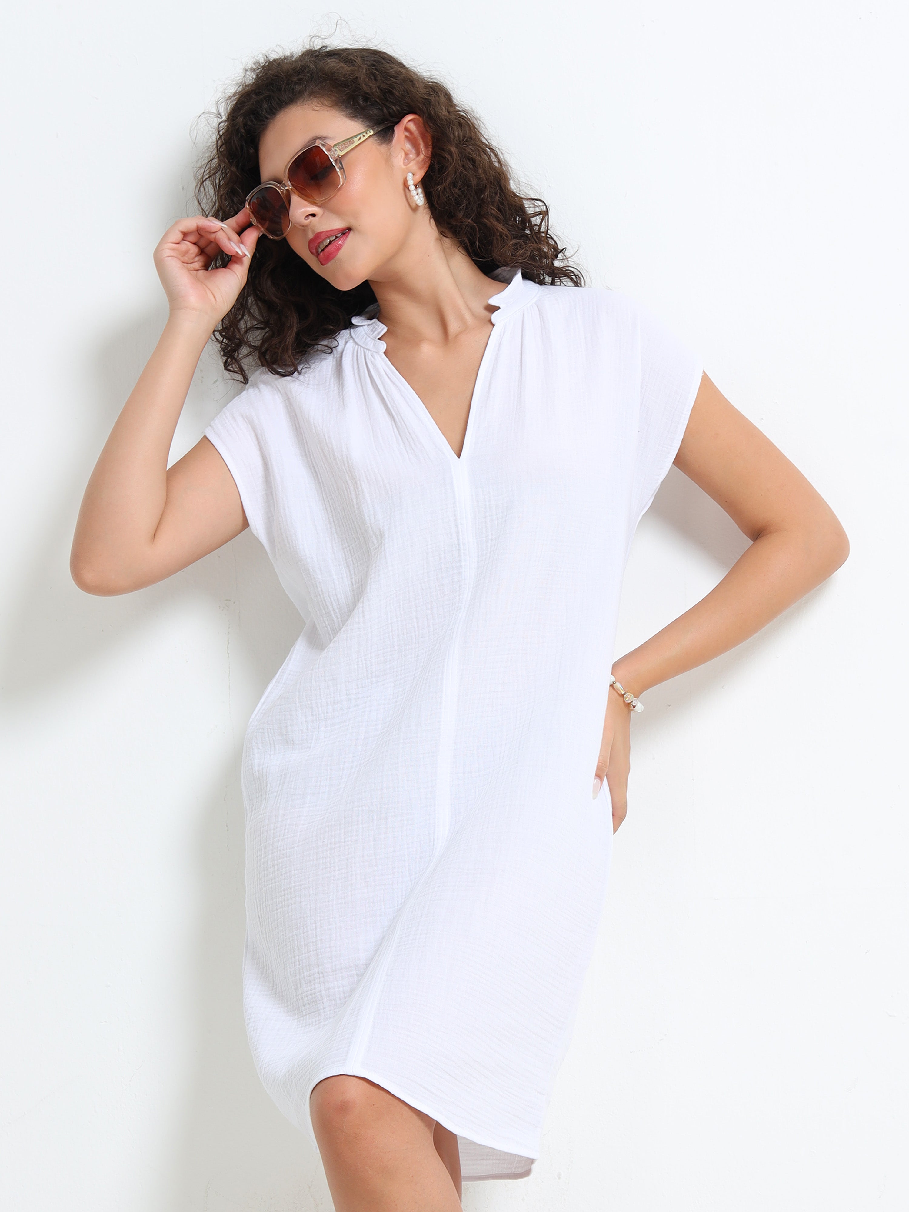Women White Double Gauze Relaxed Dress