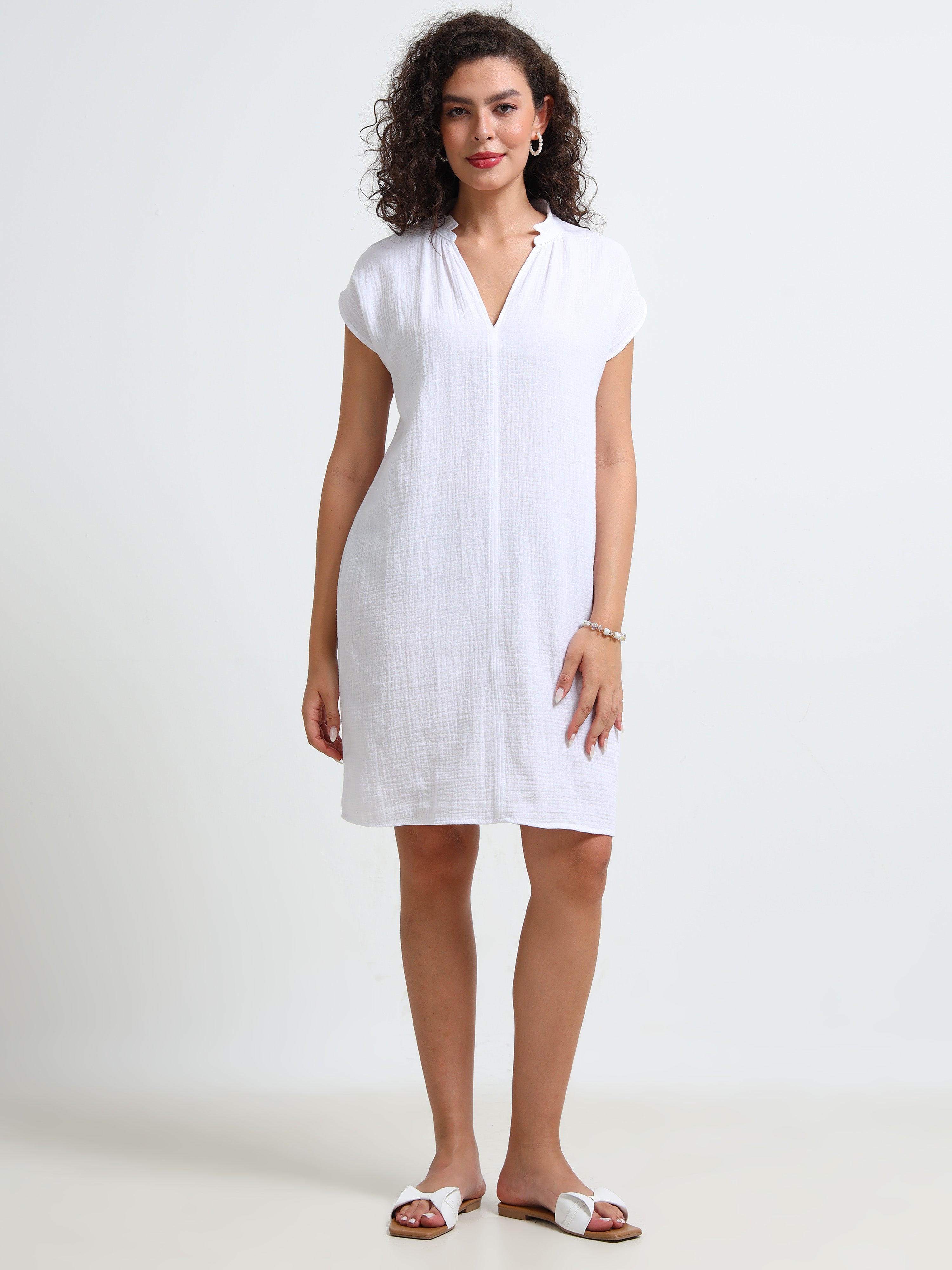 Women White Double Gauze Relaxed Dress
