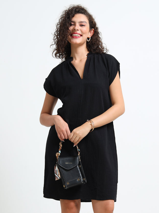 Women Black Double Gauze Relaxed Dress