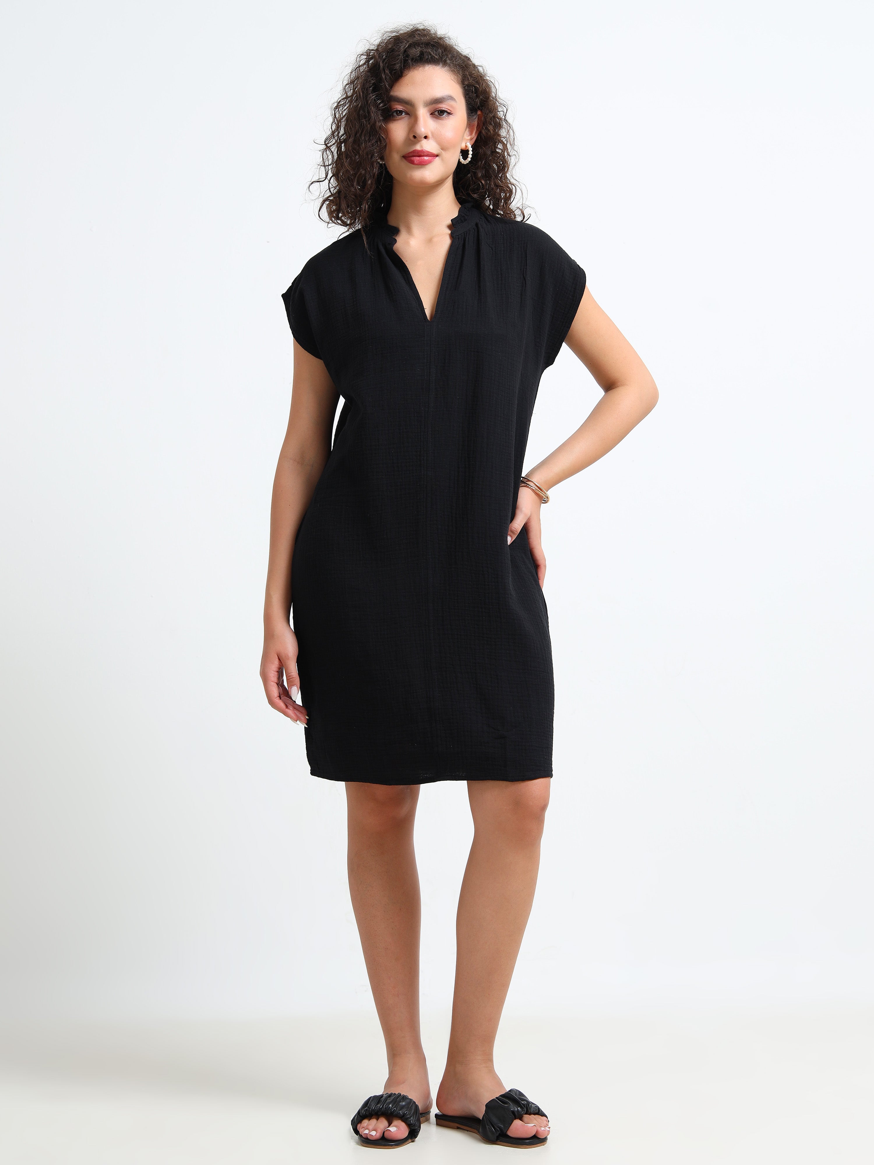 Women Black Double Gauze Relaxed Dress
