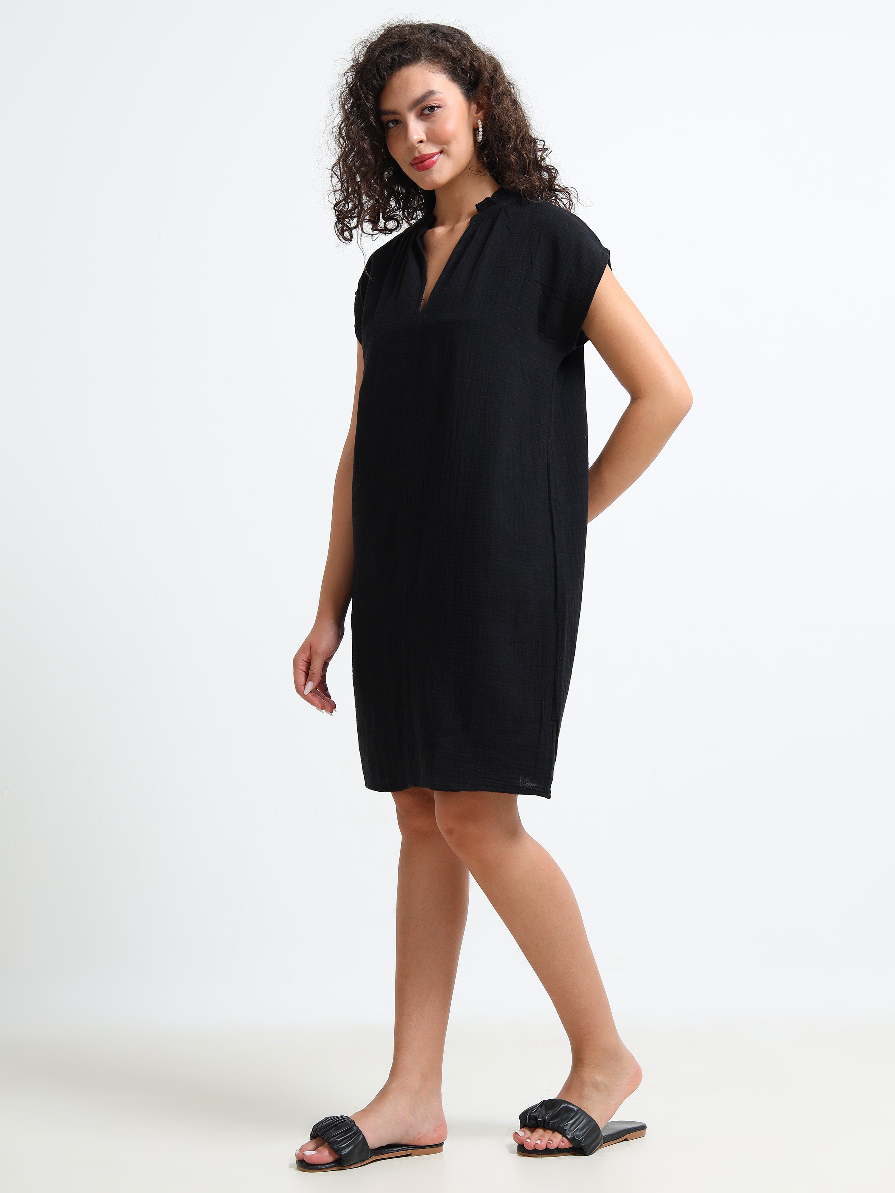 Women Black Double Gauze Relaxed Dress