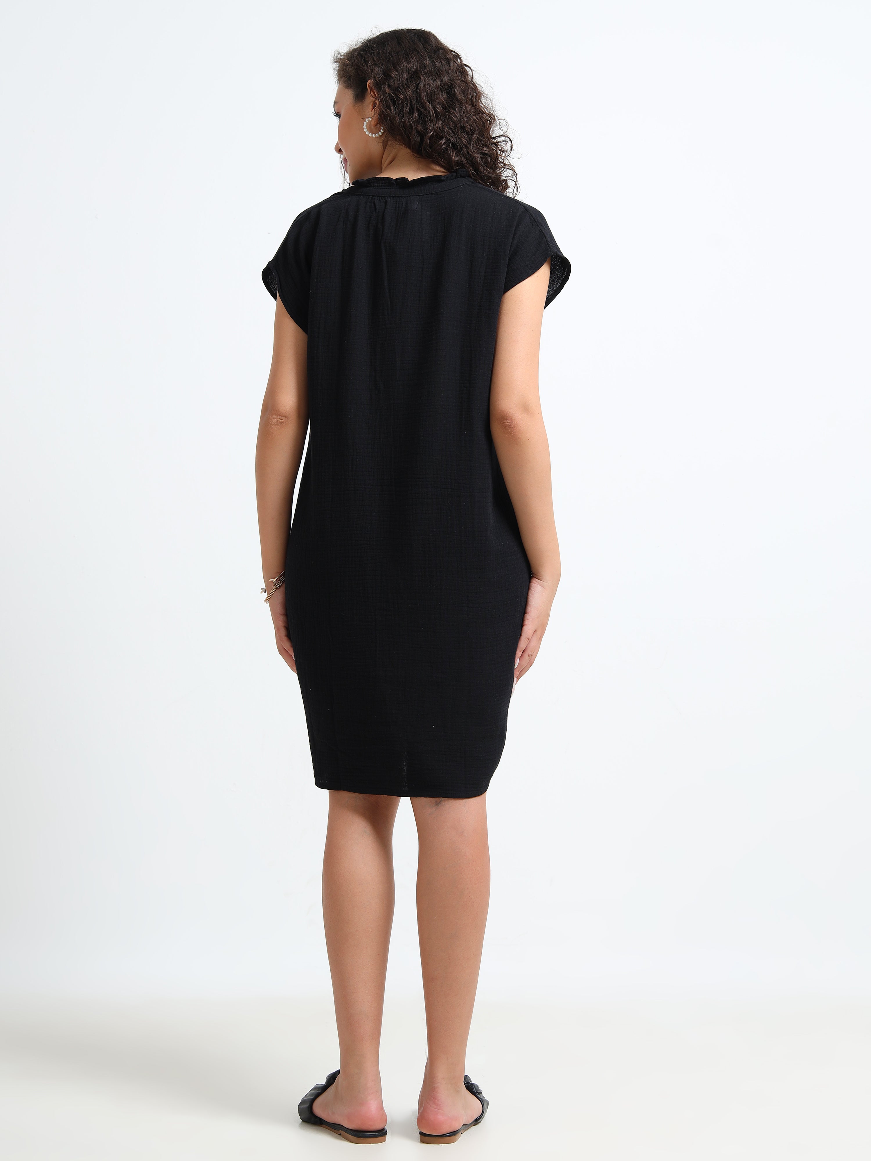 Women Black Double Gauze Relaxed Dress