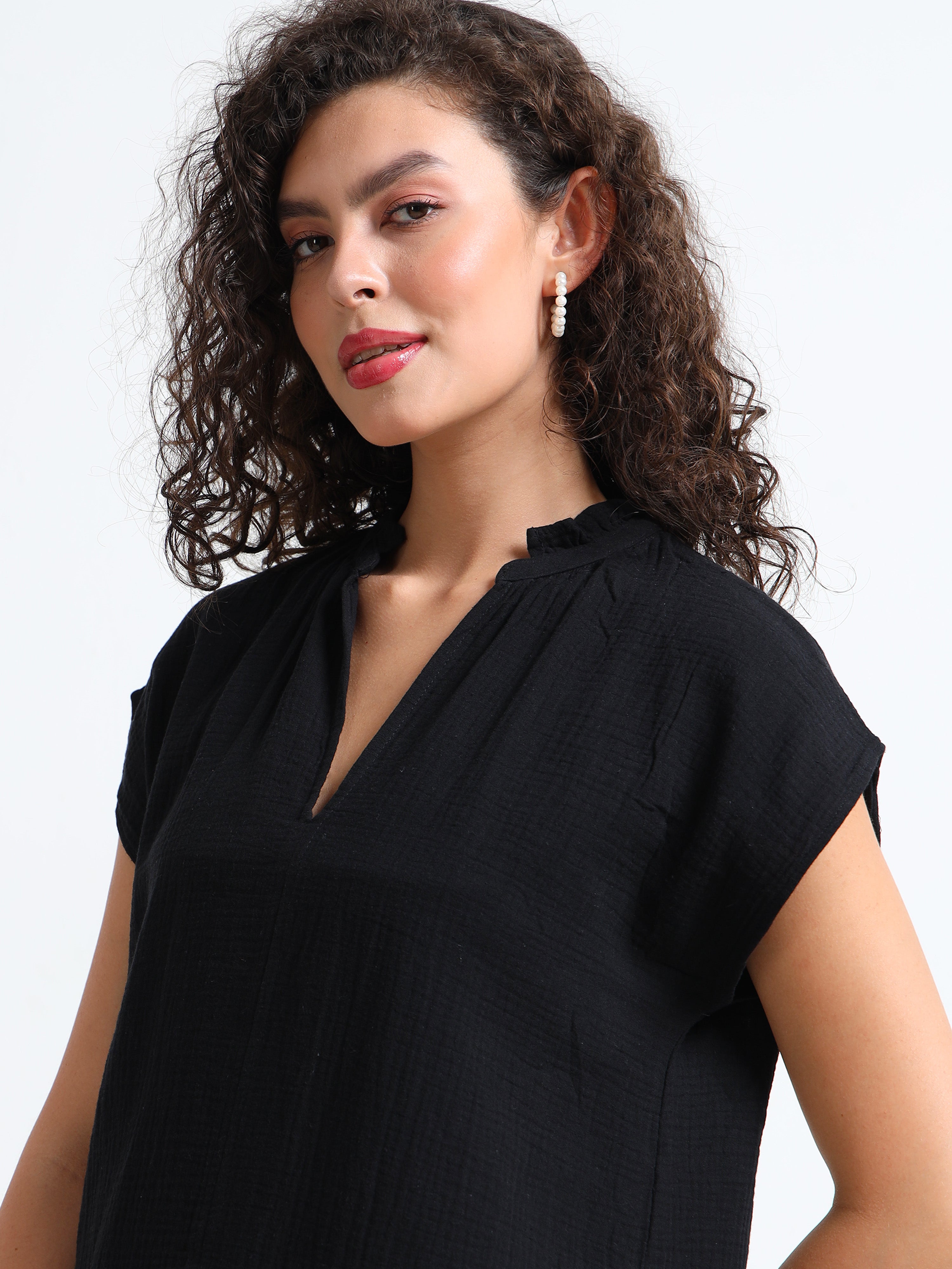 Women Black Double Gauze Relaxed Dress