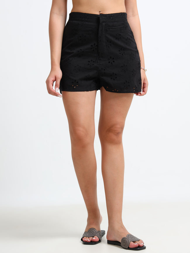 Women Black High Waist Shiffli Shorts