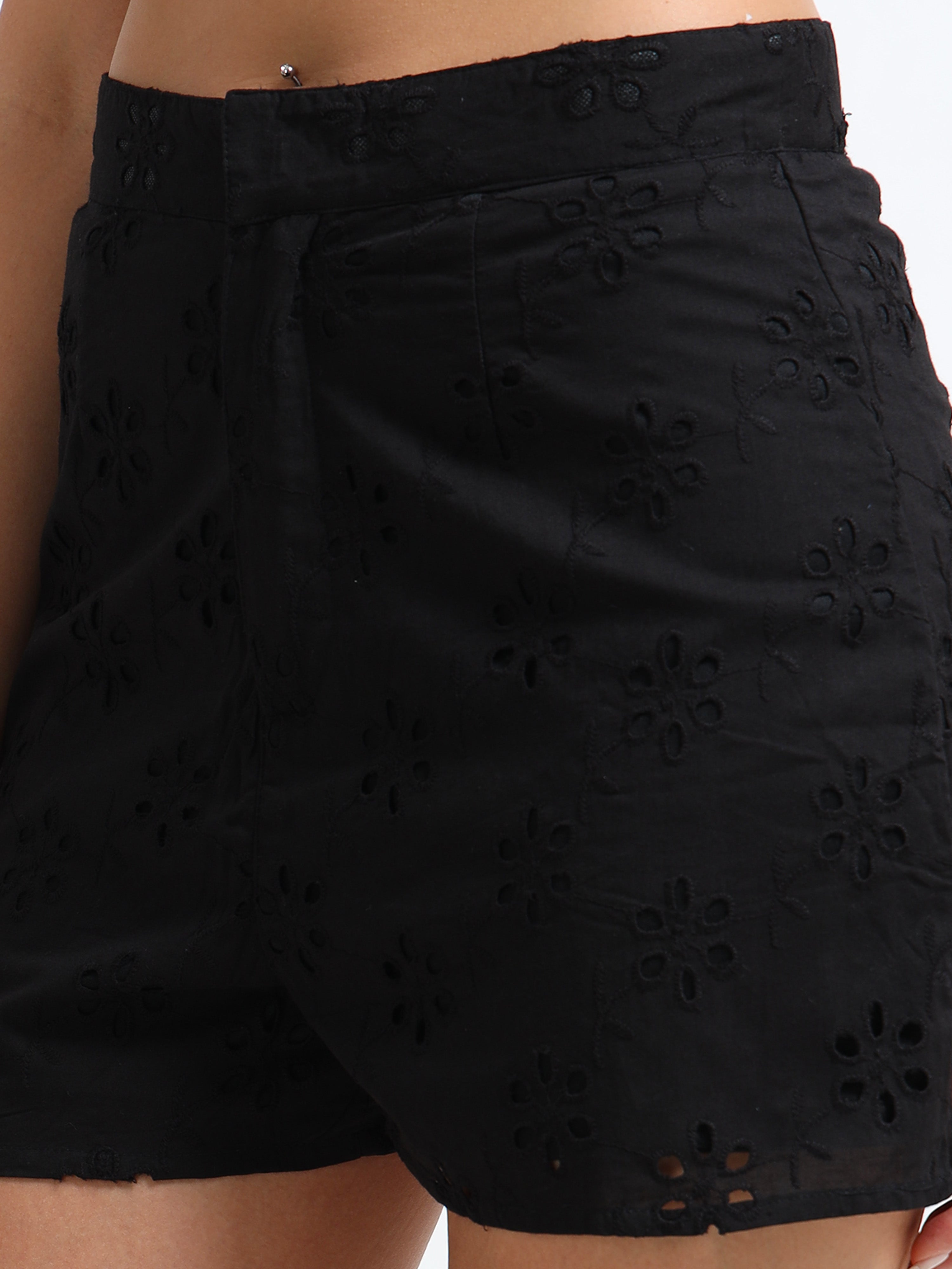 Women Black High Waist Shiffli Shorts