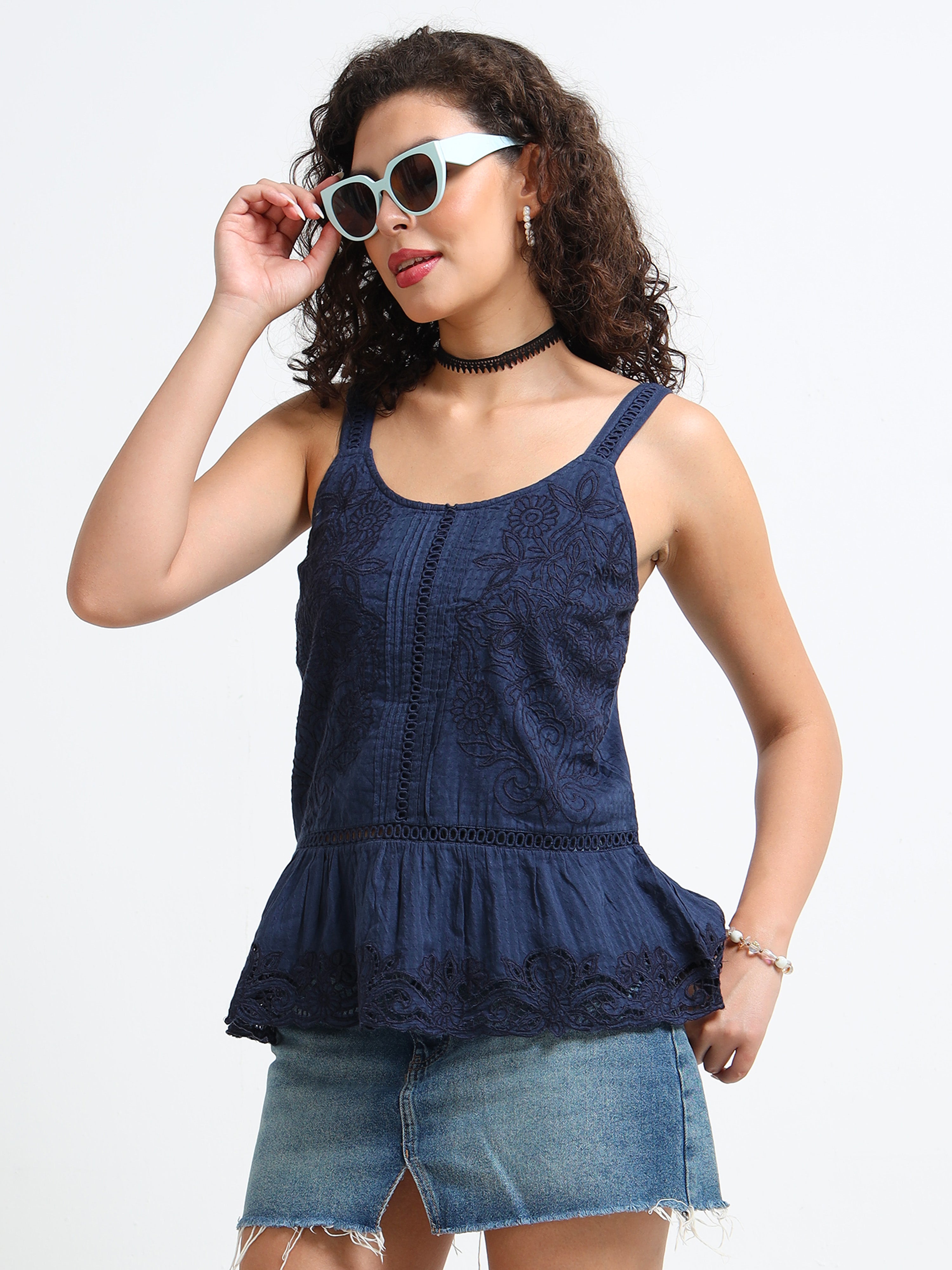 Women Navy Embroidered Peplum Top