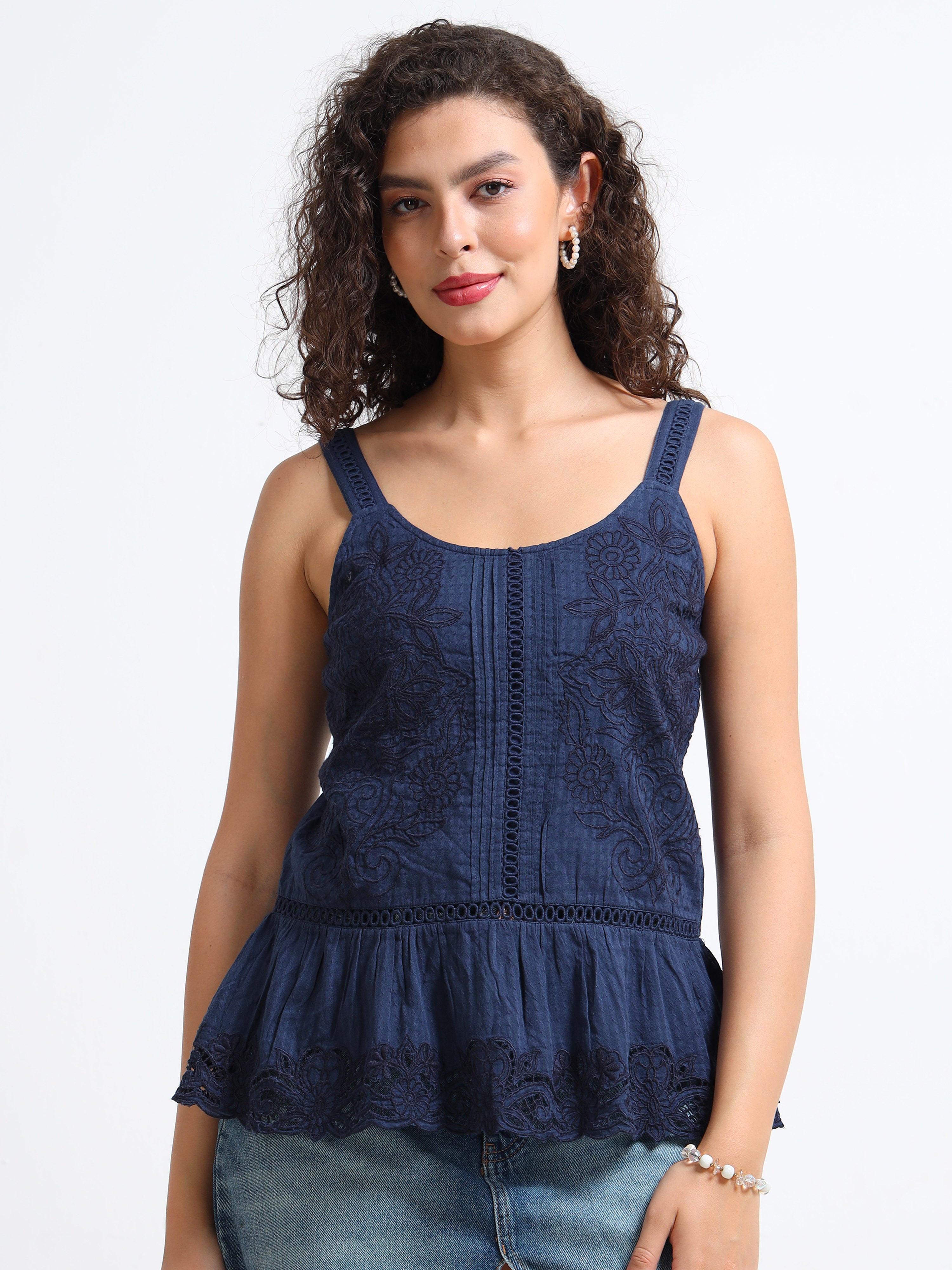 Women Navy Embroidered Peplum Top