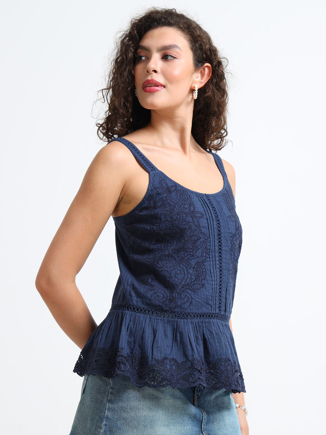 Women Navy Embroidered Peplum Top