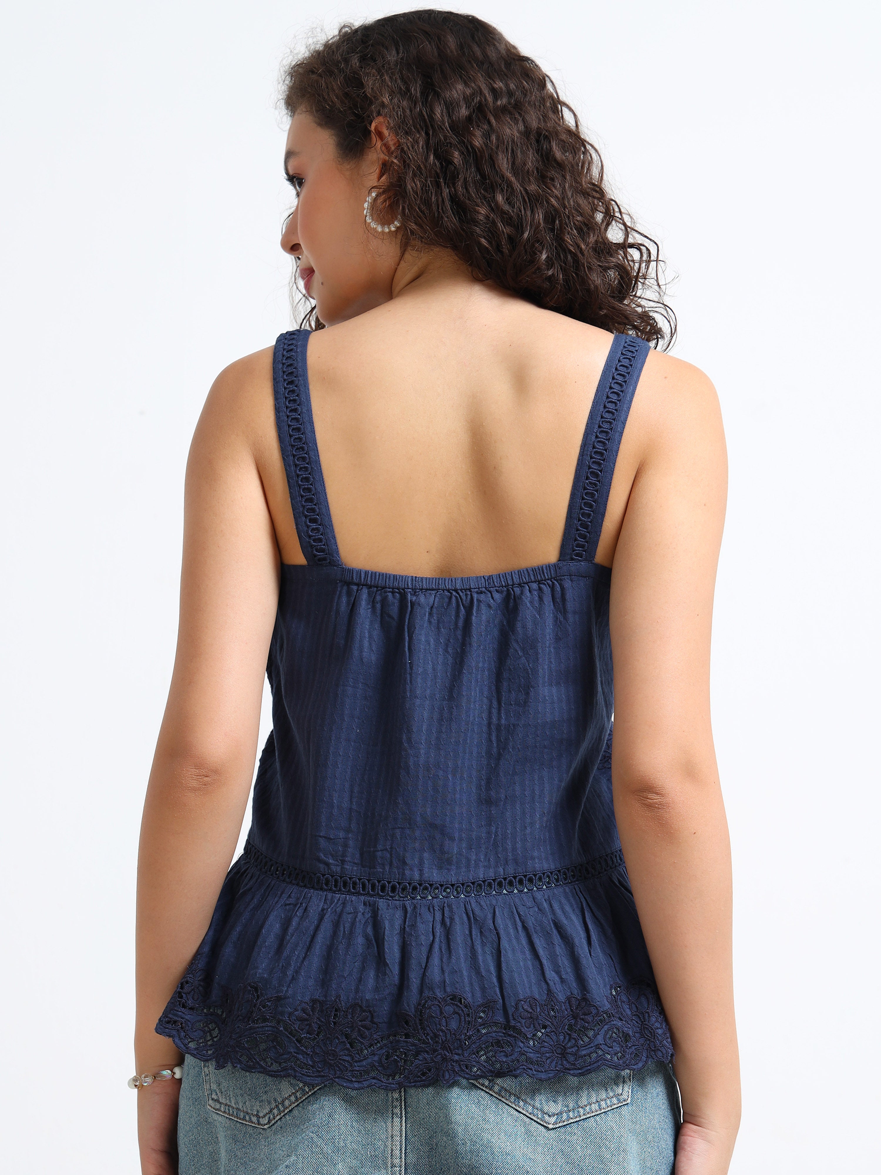 Women Navy Embroidered Peplum Top