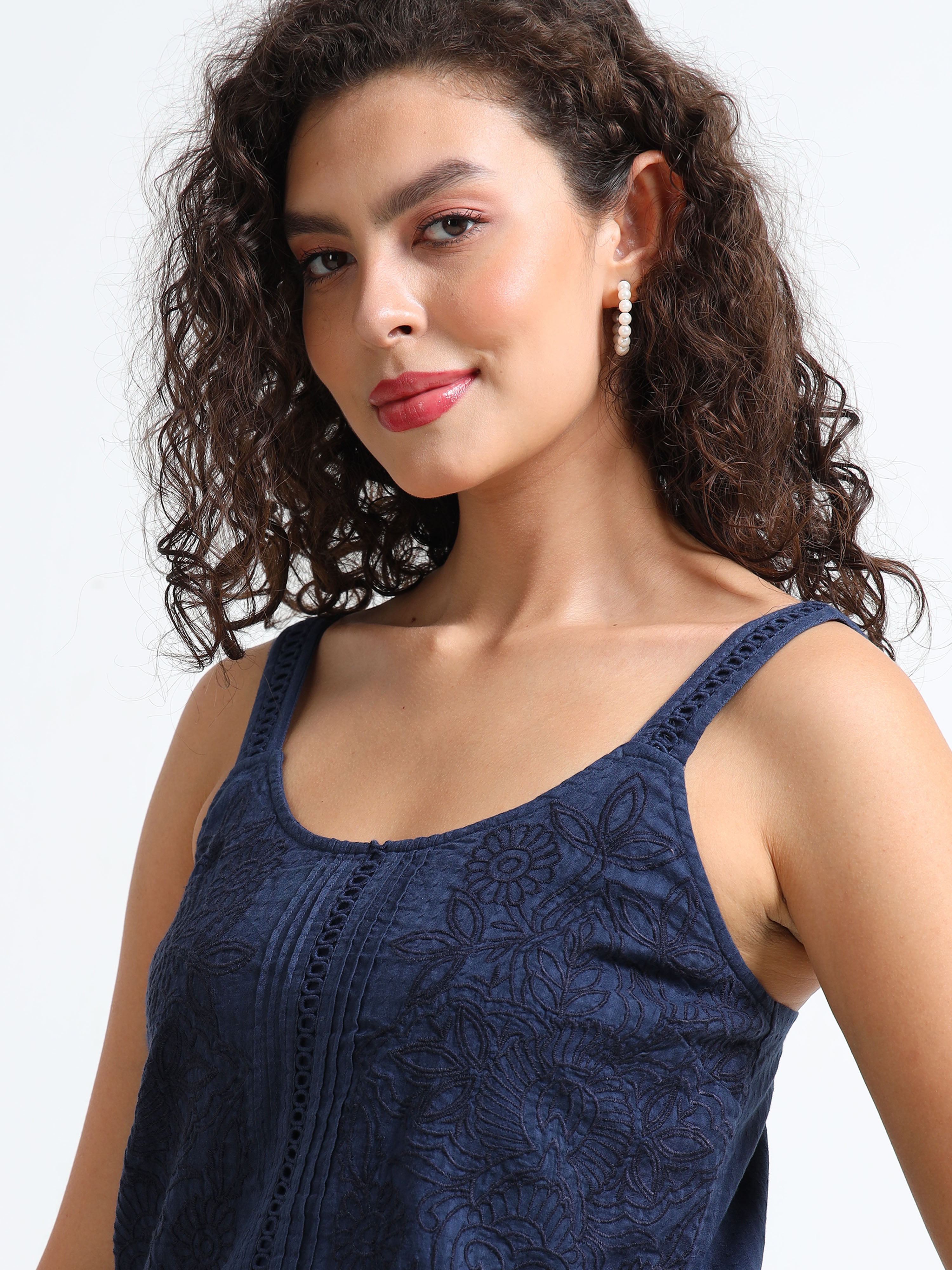 Women Navy Embroidered Peplum Top