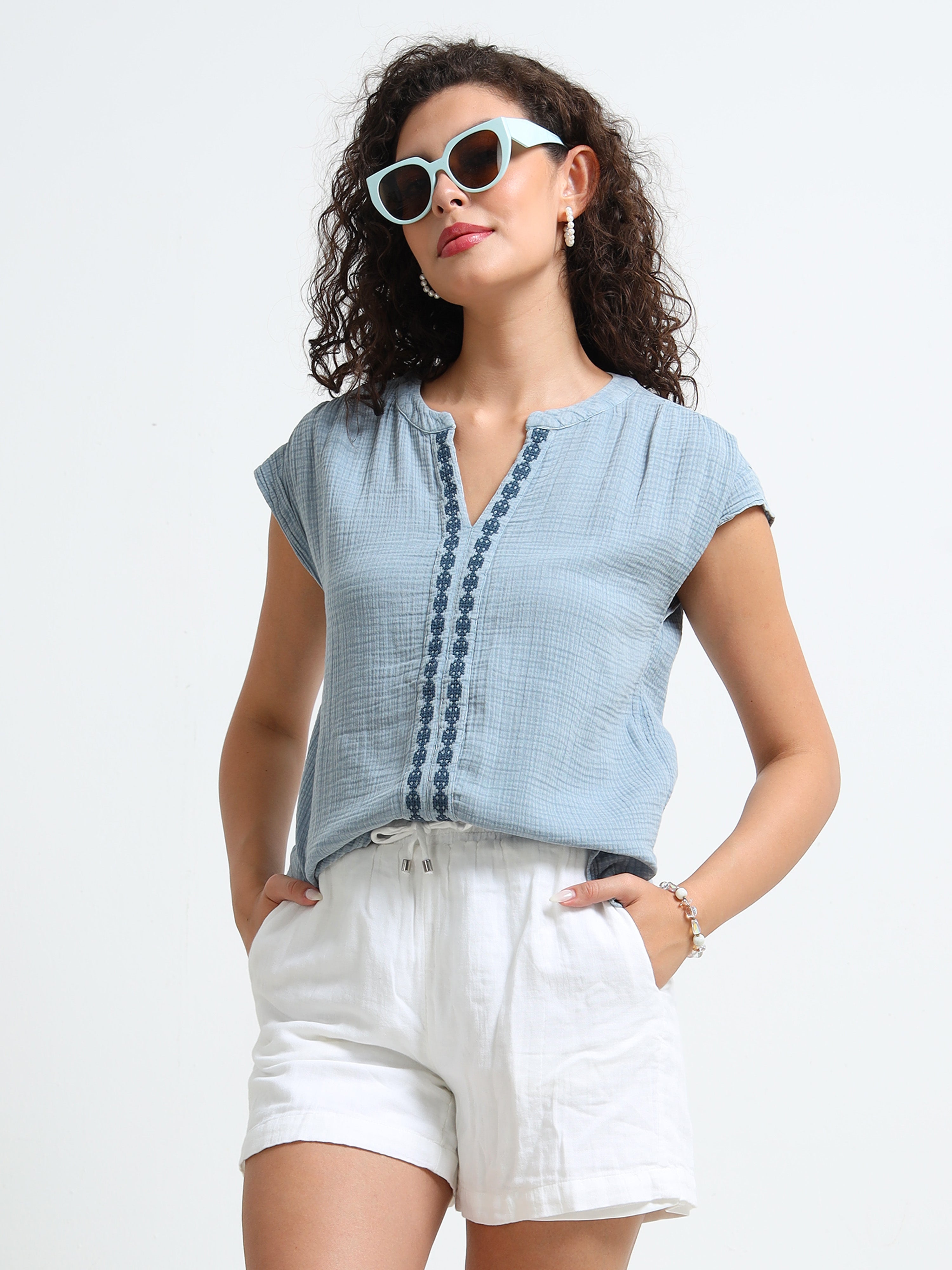 Women Blue Double Gauze Embroidered Top