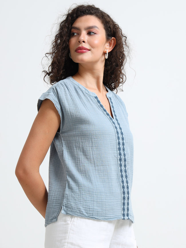 Women Blue Double Gauze Embroidered Top