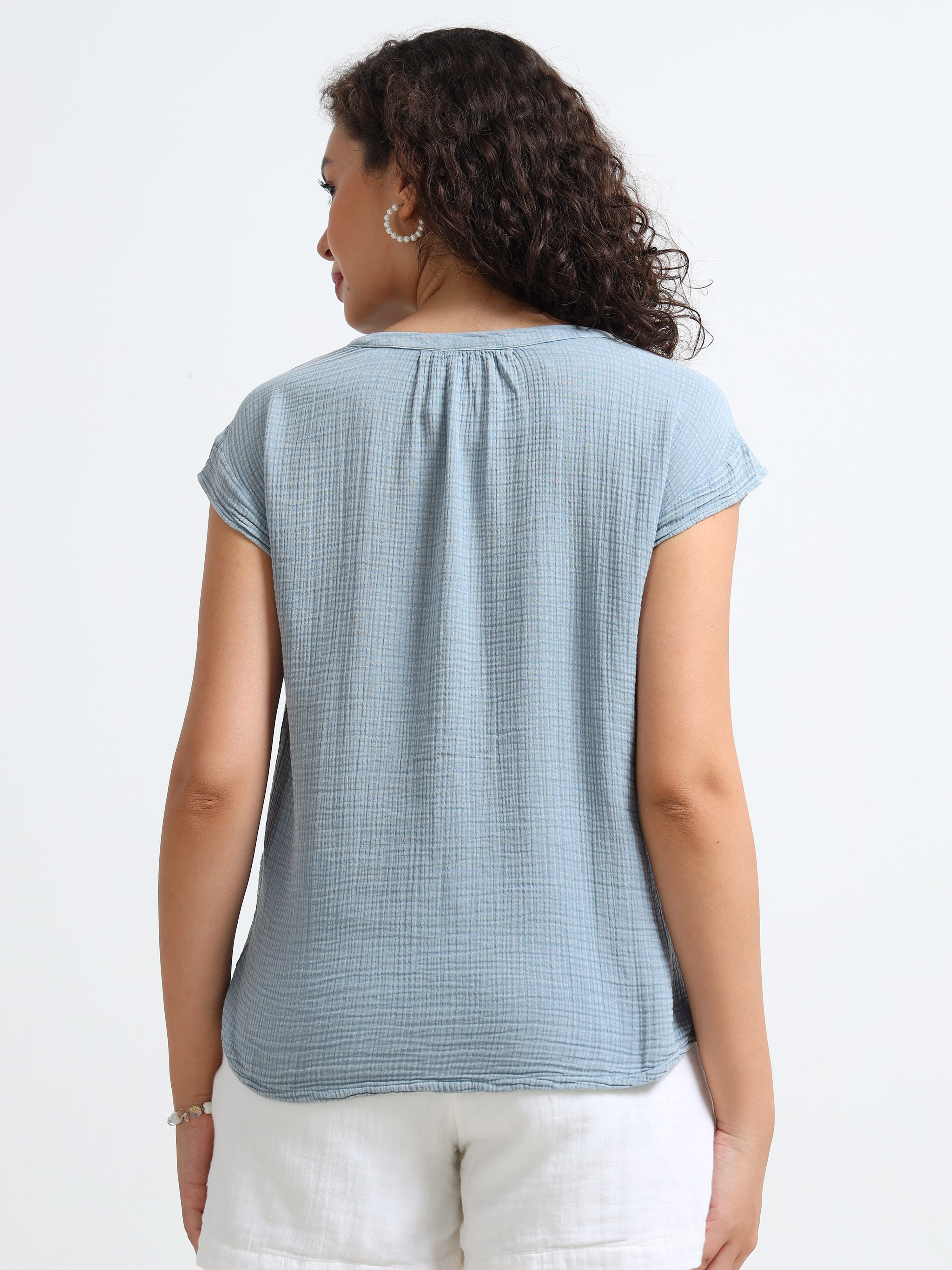 Women Blue Double Gauze Embroidered Top