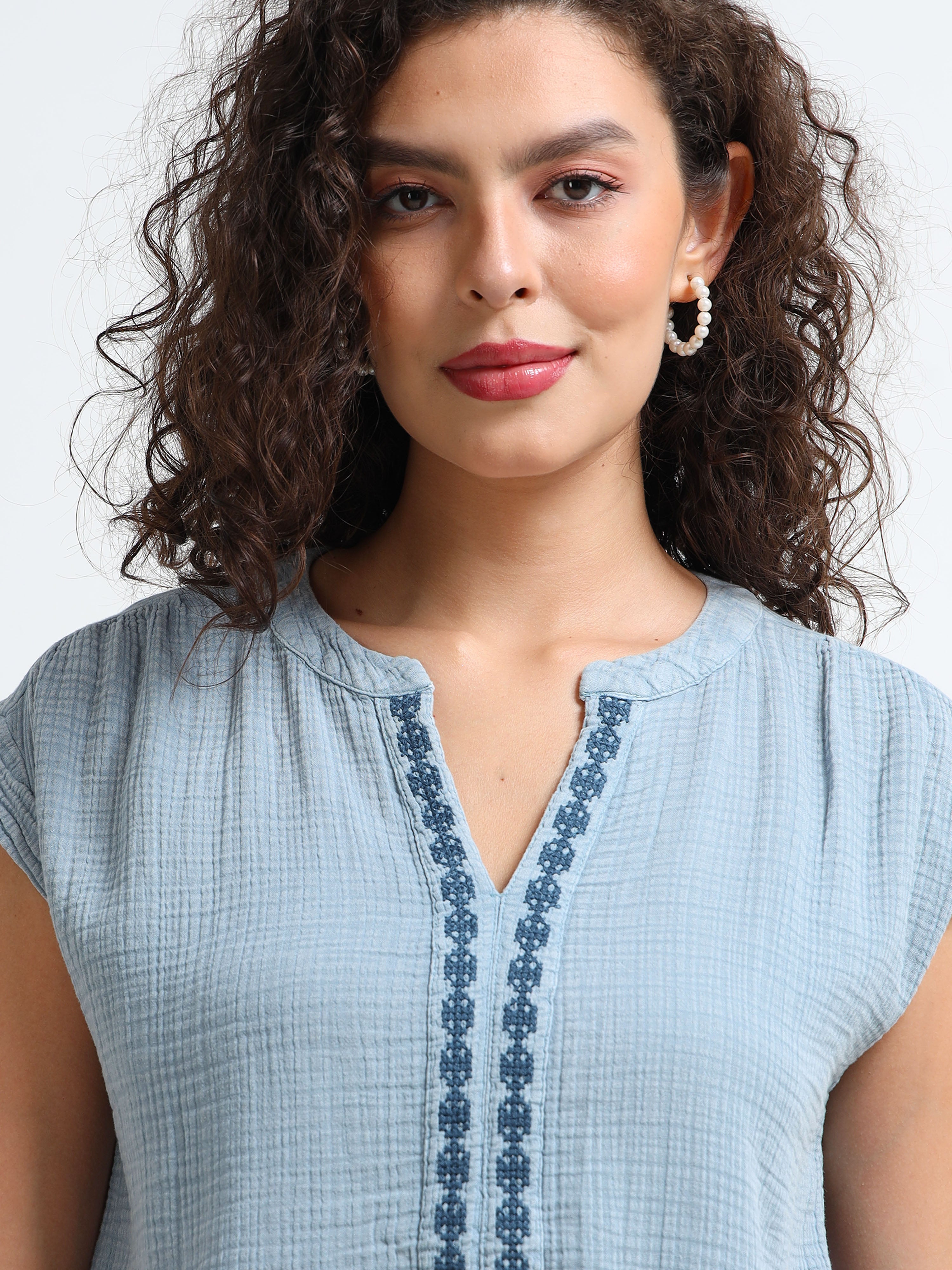 Women Blue Double Gauze Embroidered Top