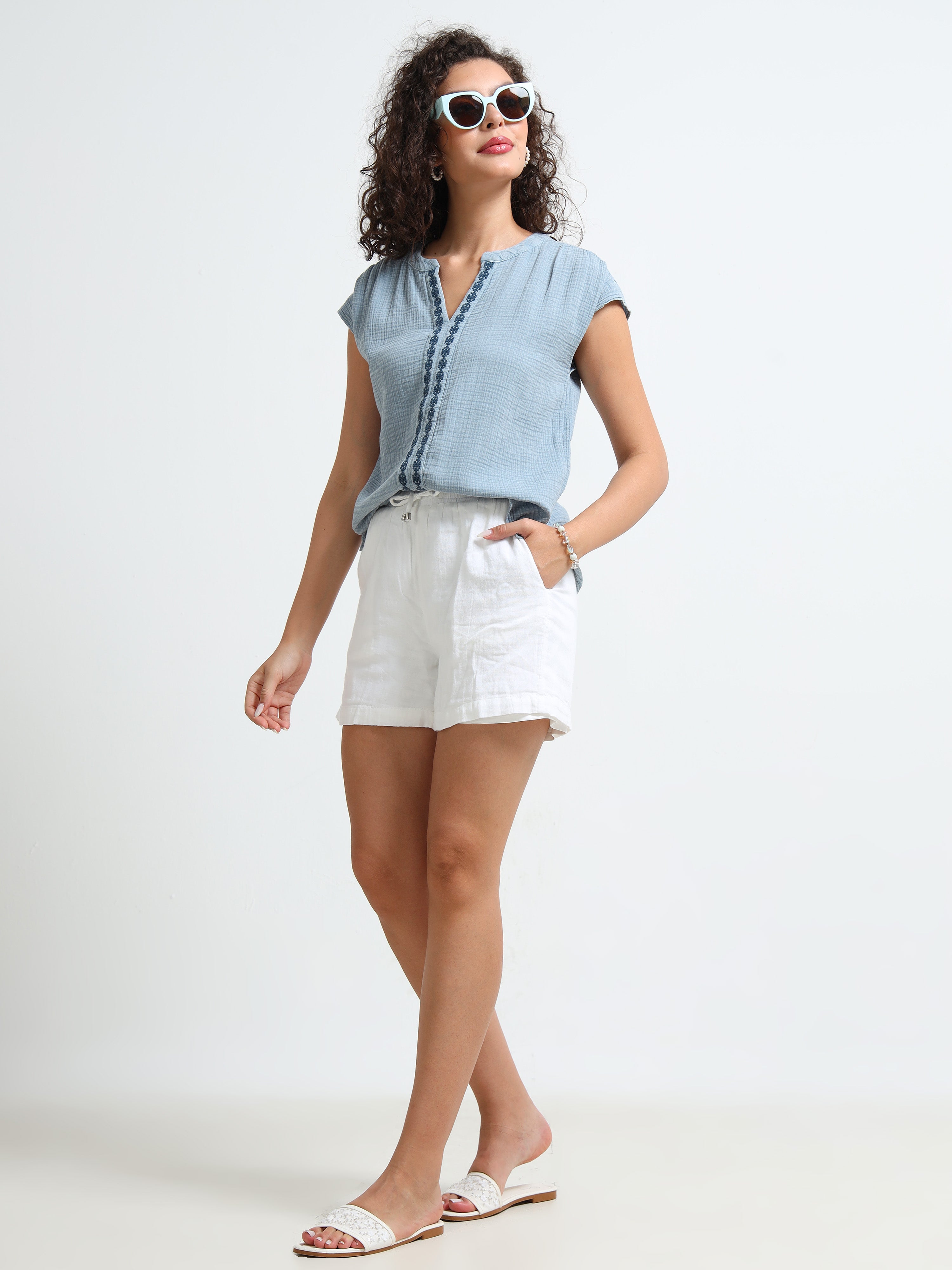 Women Blue Double Gauze Embroidered Top