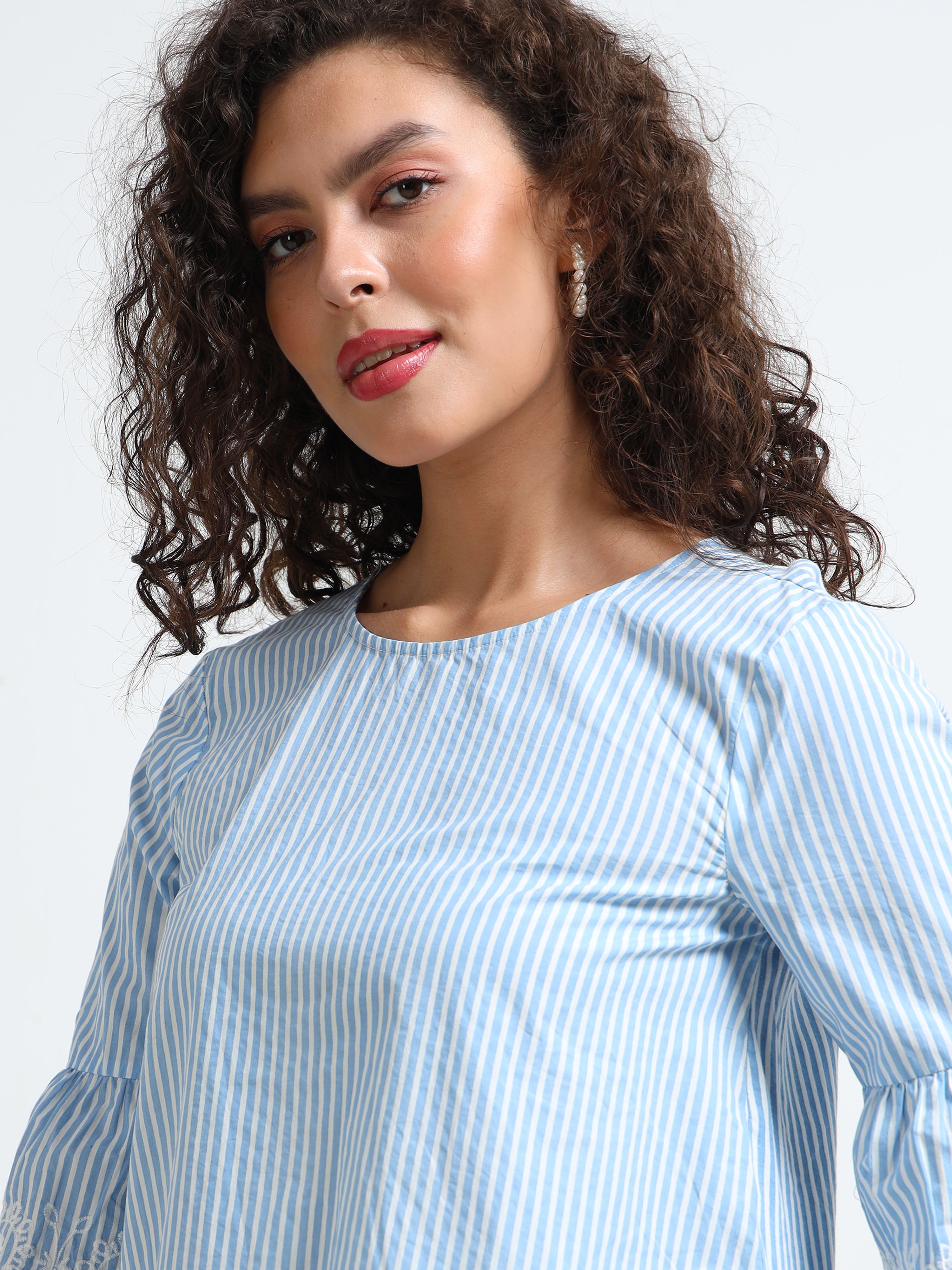 Women Blue Embroidered Casual Top
