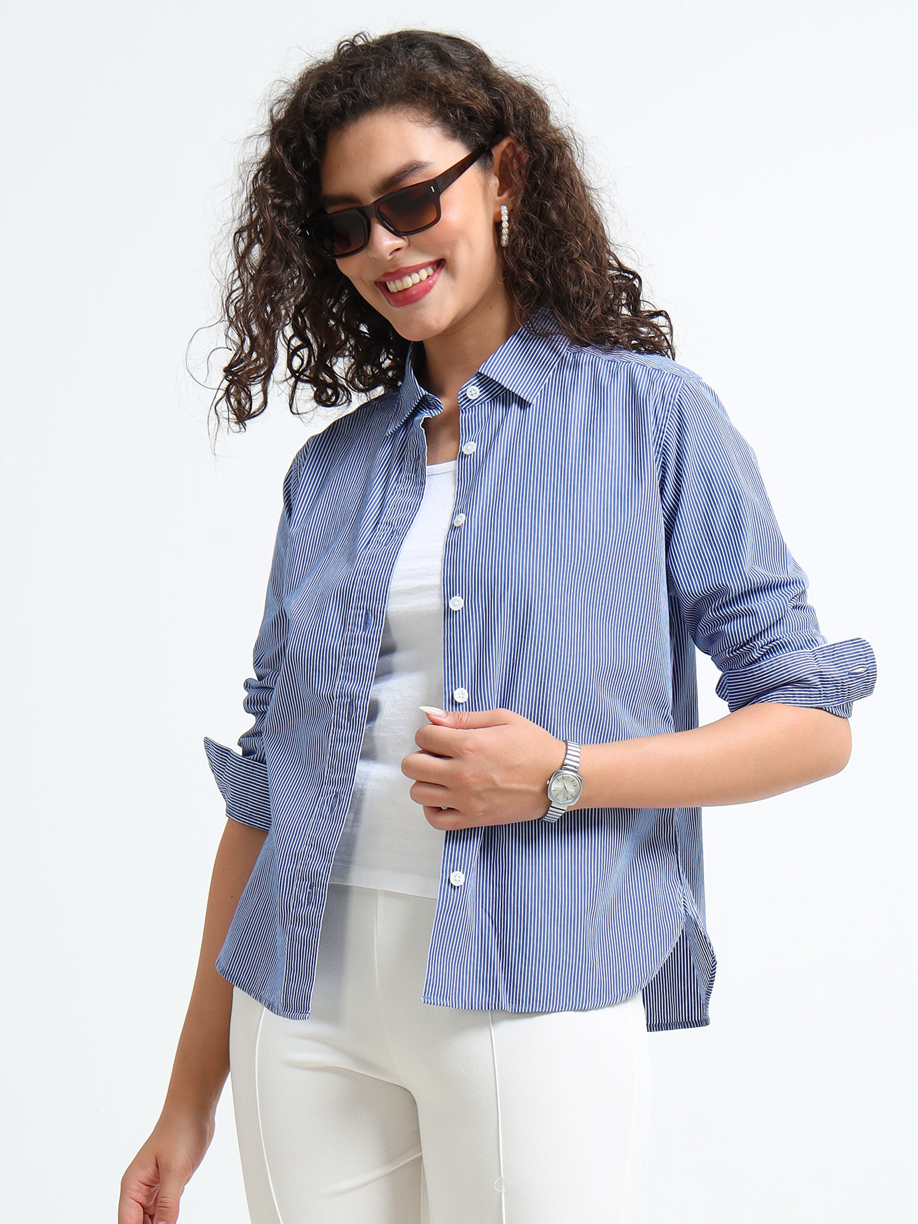 Women Blue Fine Stripe Shirt