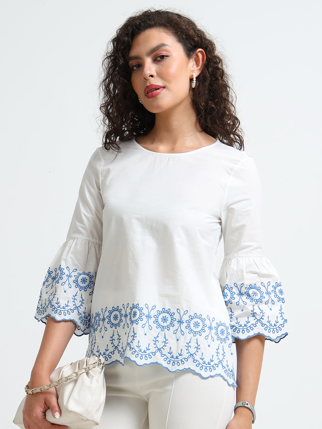 Women White Embroidered Casual Top