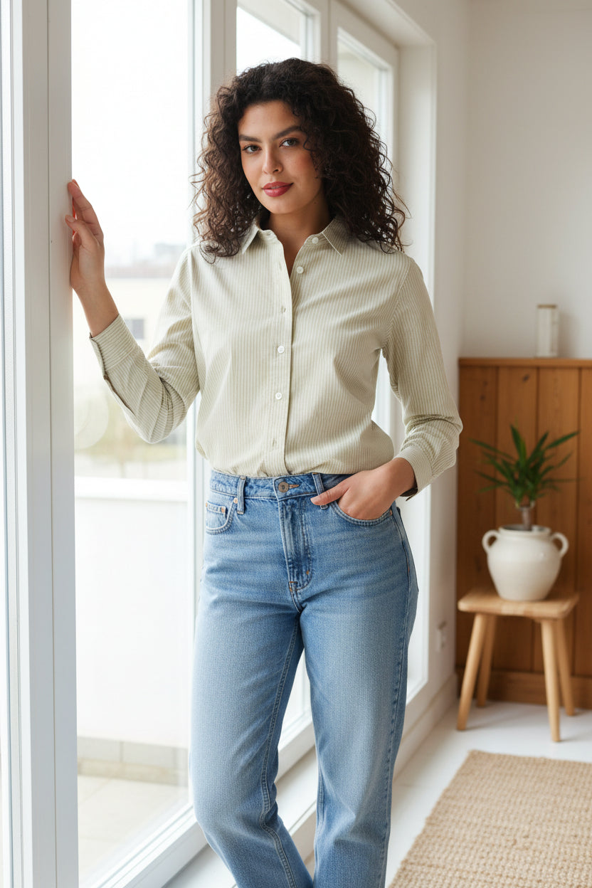 Women Green Stripe Shirt