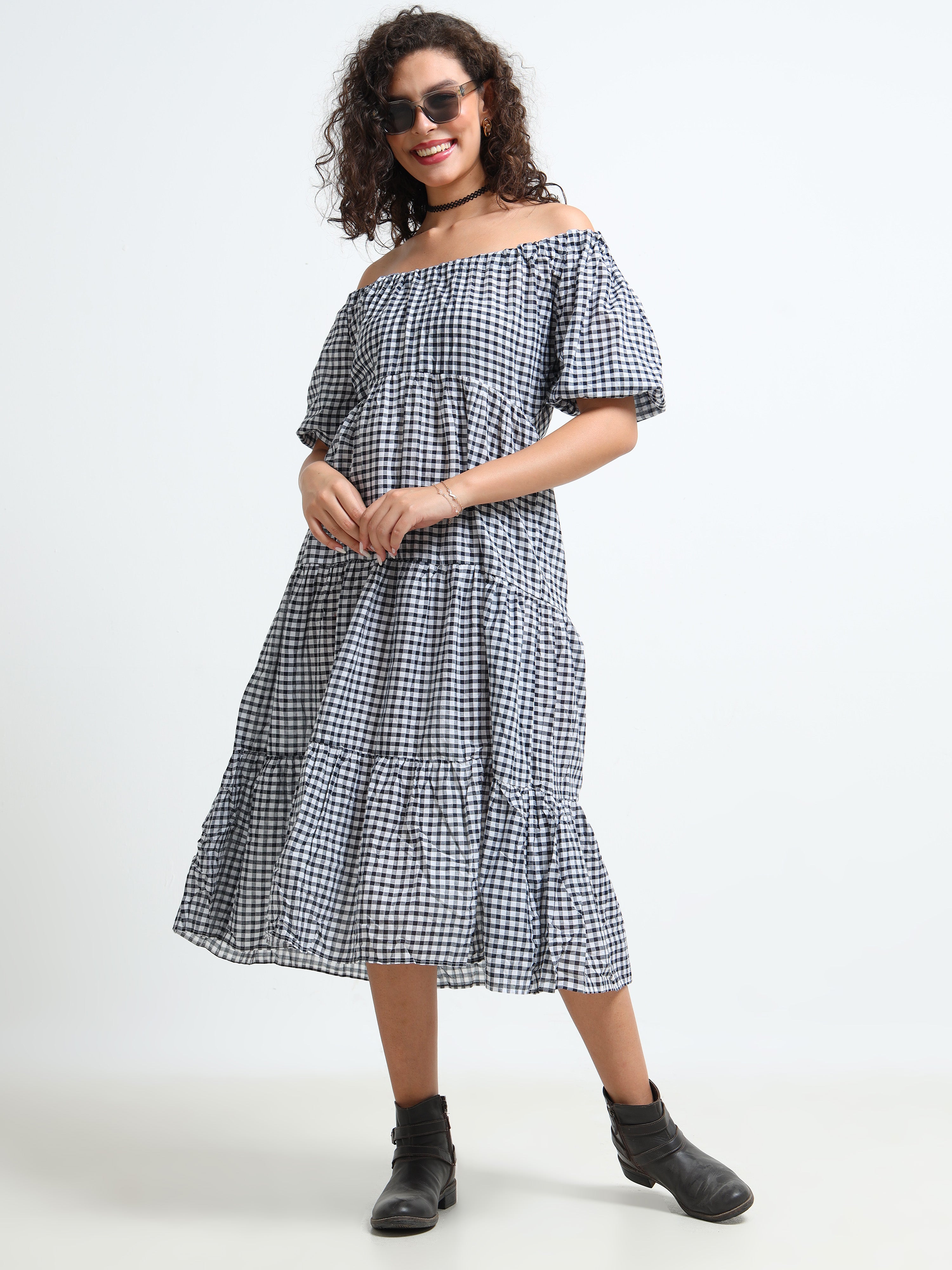 Women Gingham Check Tier Dress