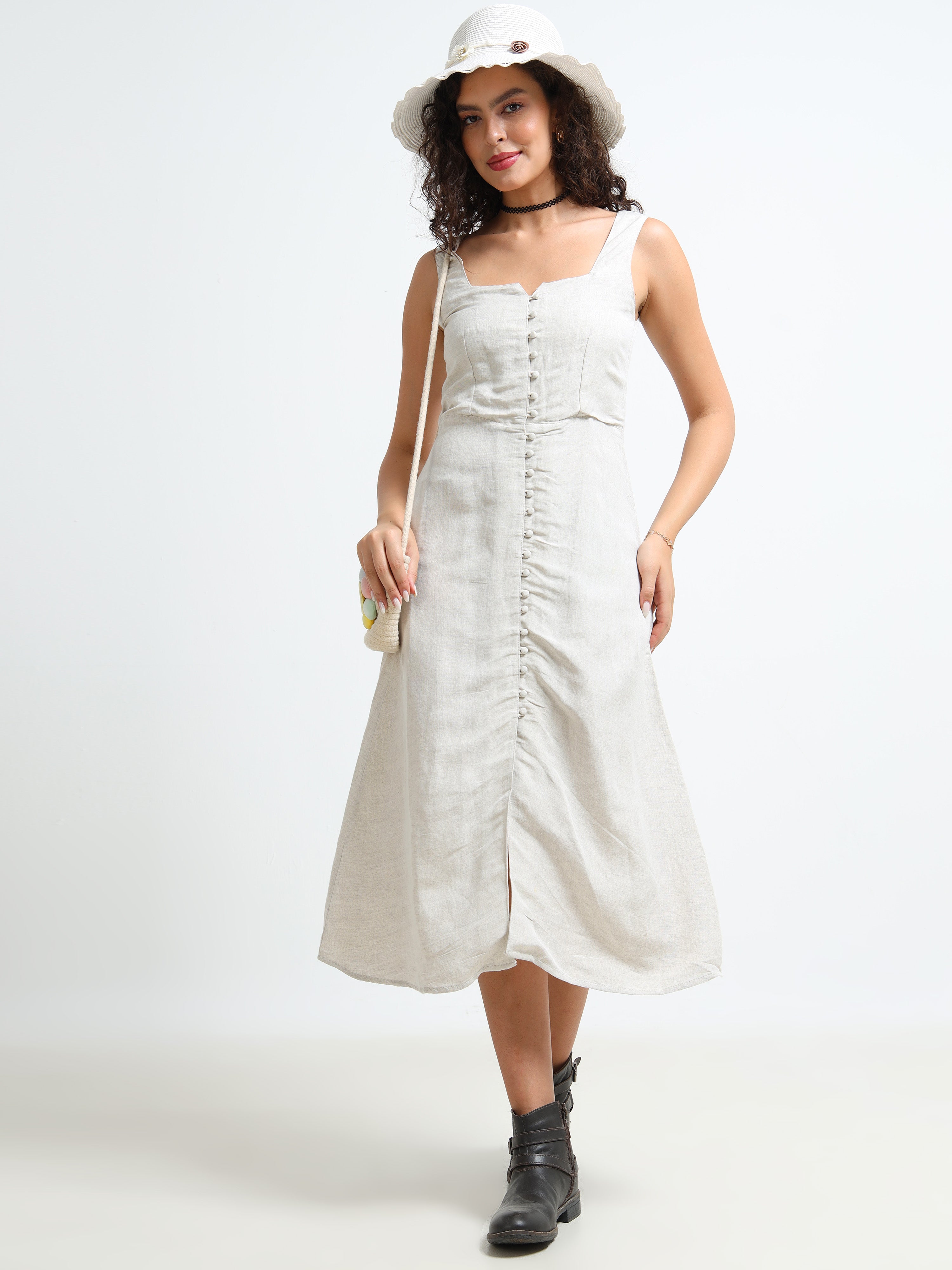 Women Beige Linen Blend Dress