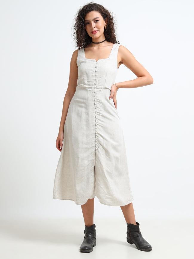 Women Beige Linen Blend Dress