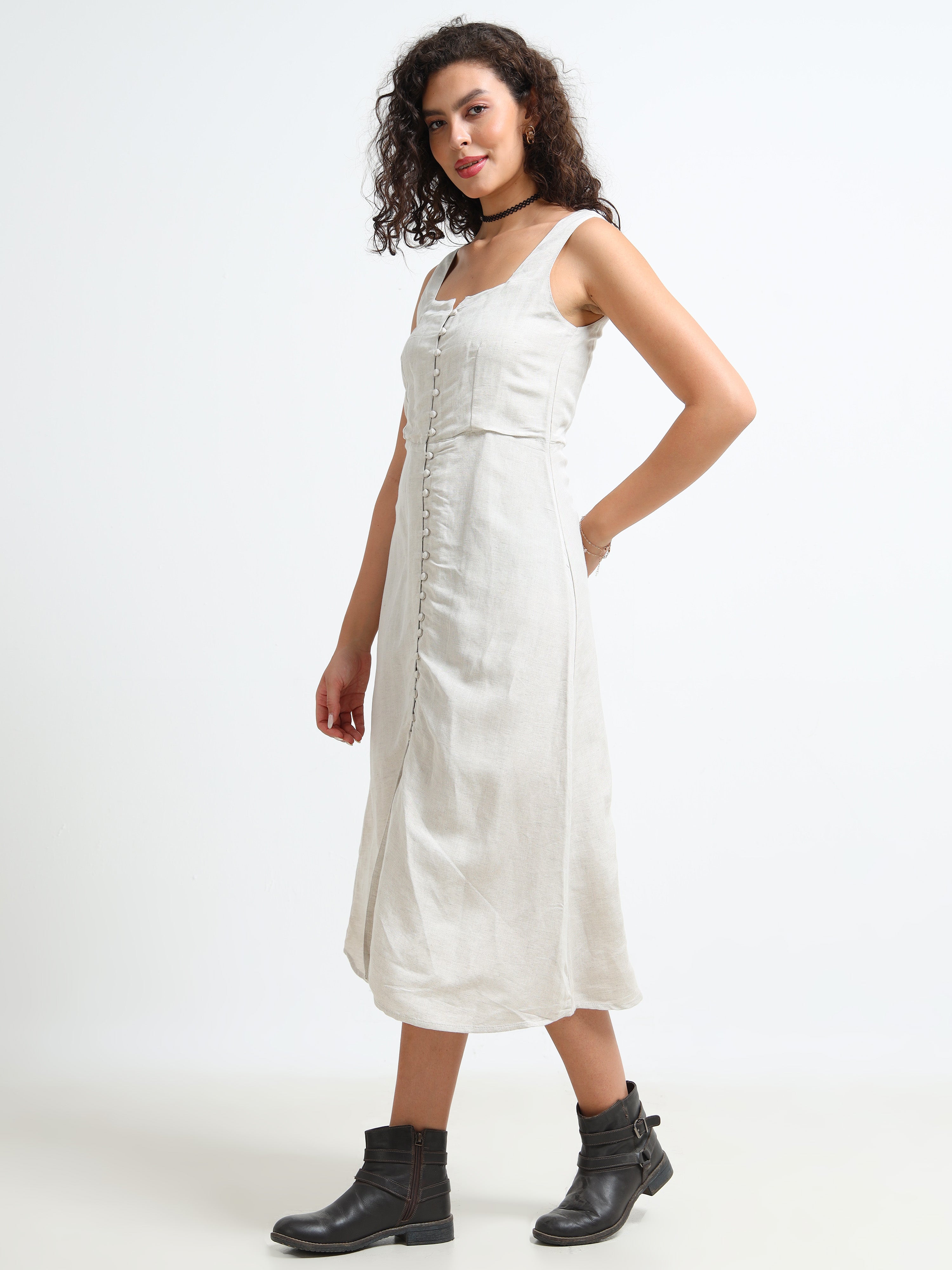 Women Beige Linen Blend Dress