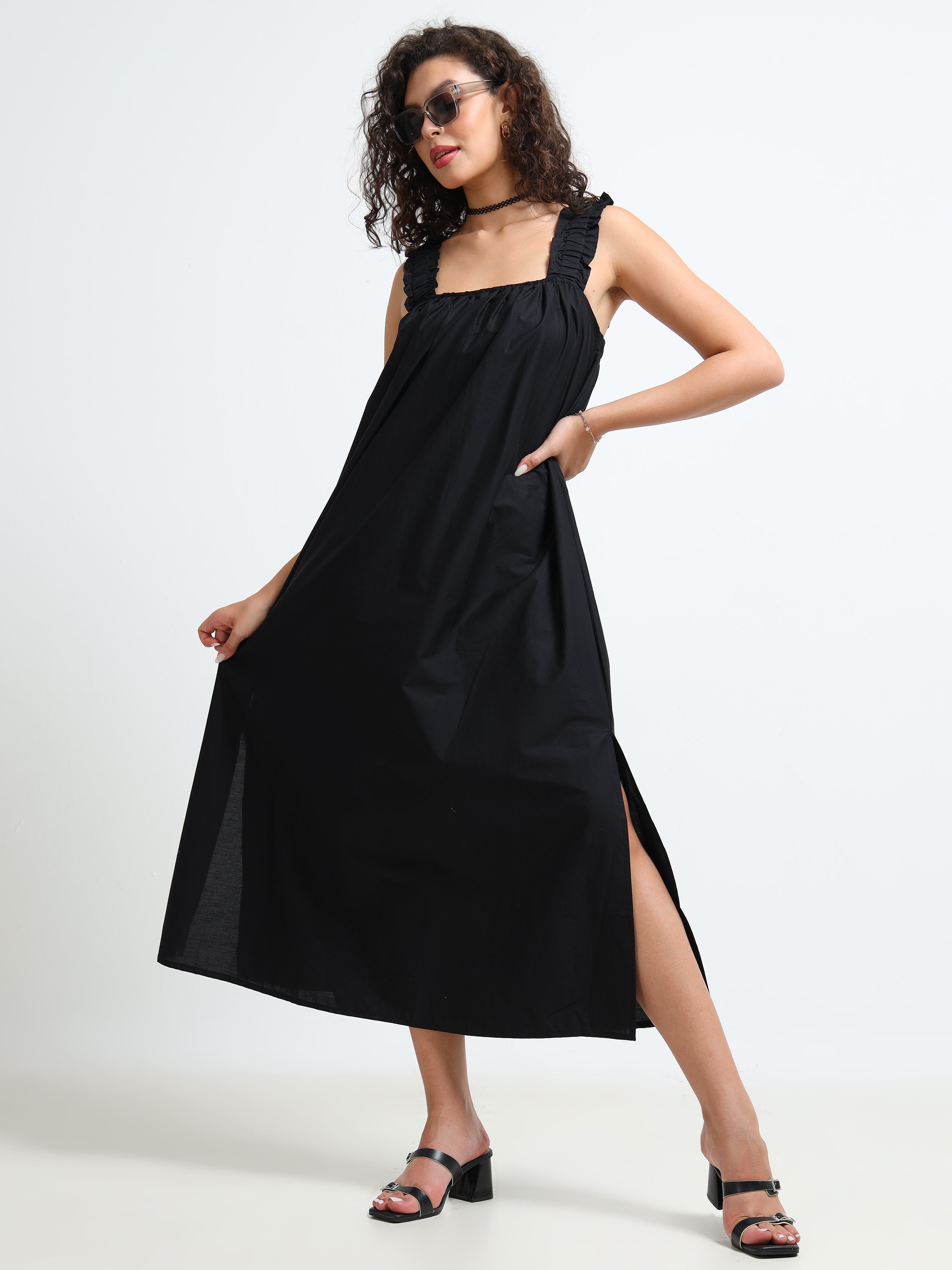 Women Black Relaxed Midi Dress