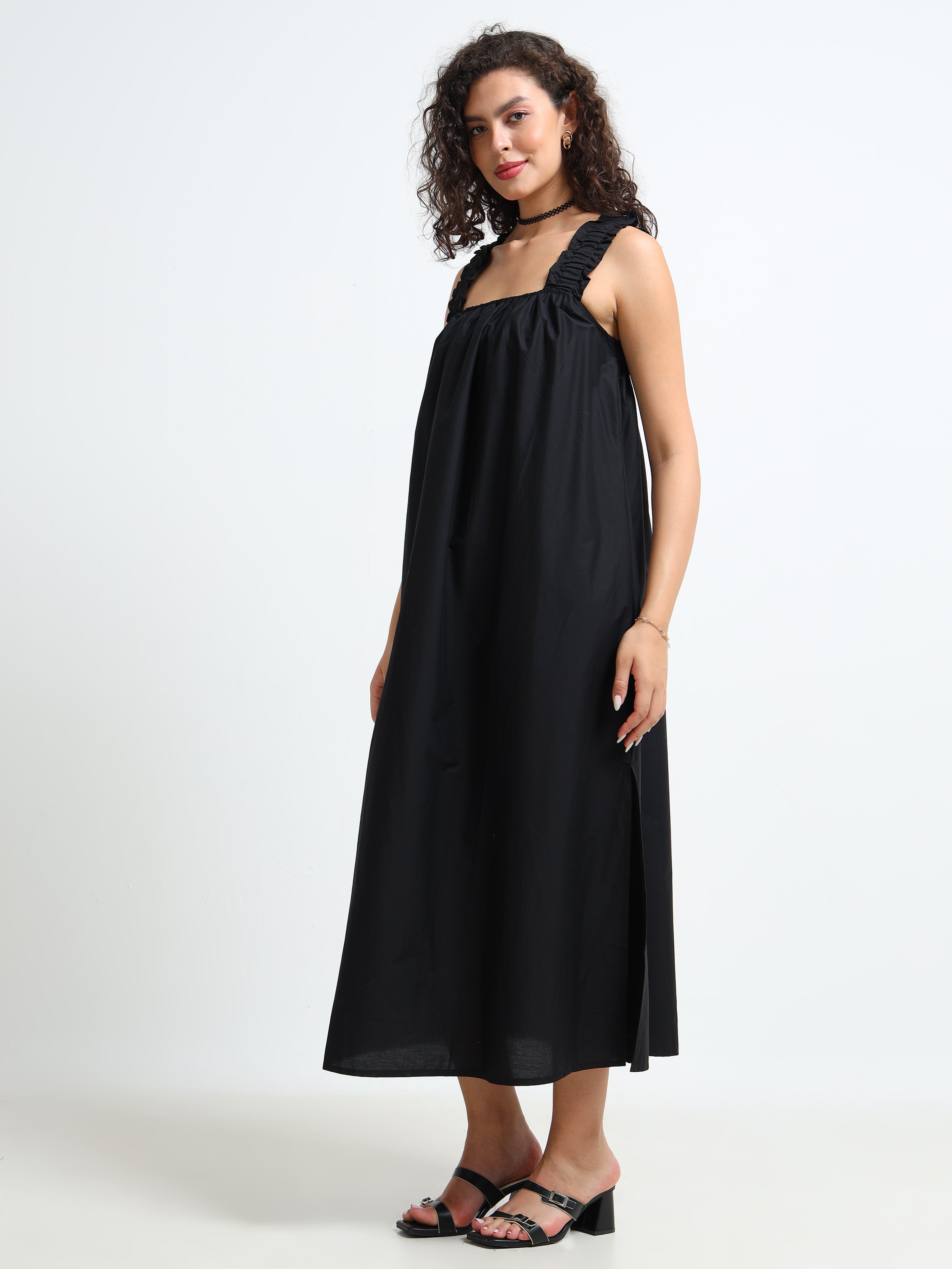 Women Black Relaxed Midi Dress