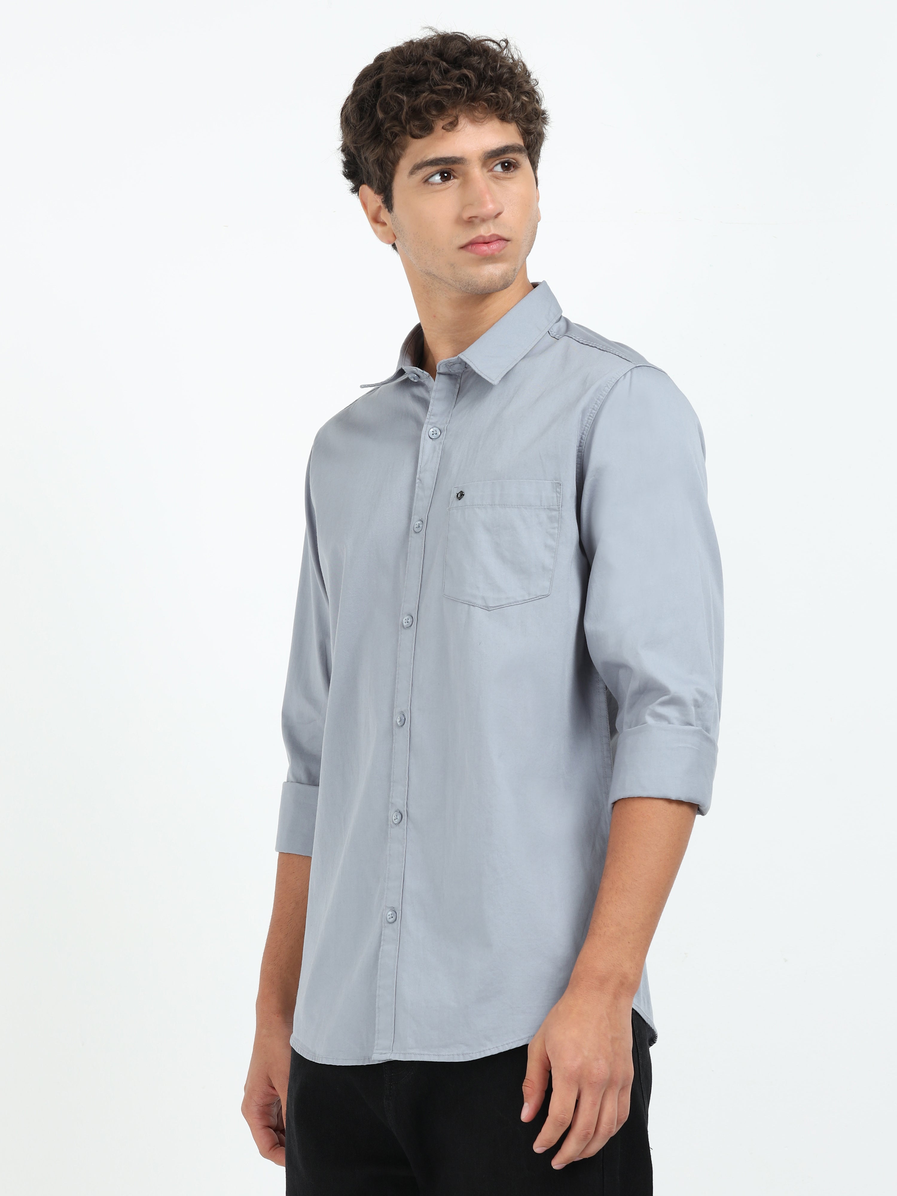 Mens Grey Twill Shirt Slim Fit